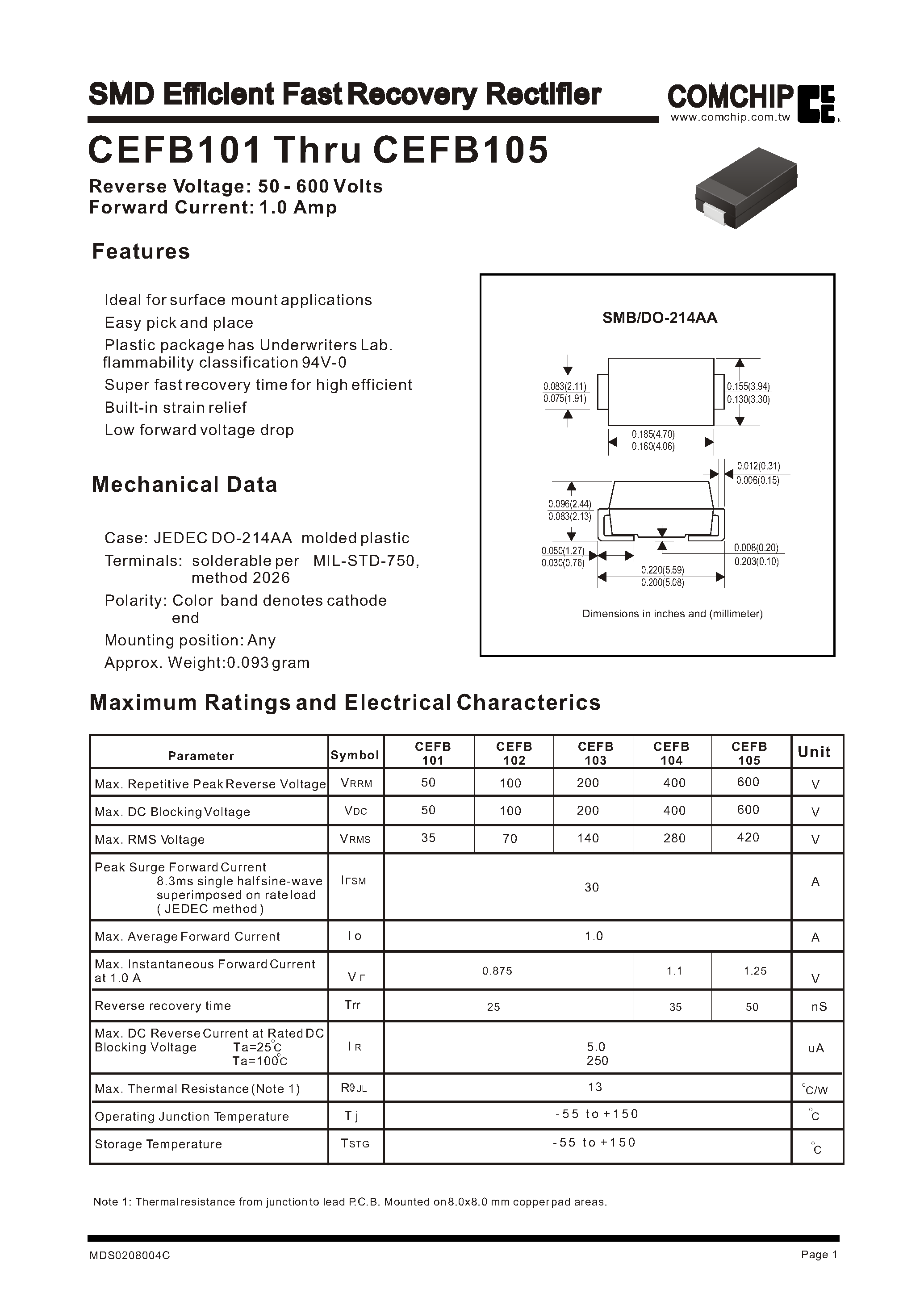 Datasheet CEFB105 page 1 Datasheet CEFB105 - SMD Efficient Fast Recovery Rectifier page 1