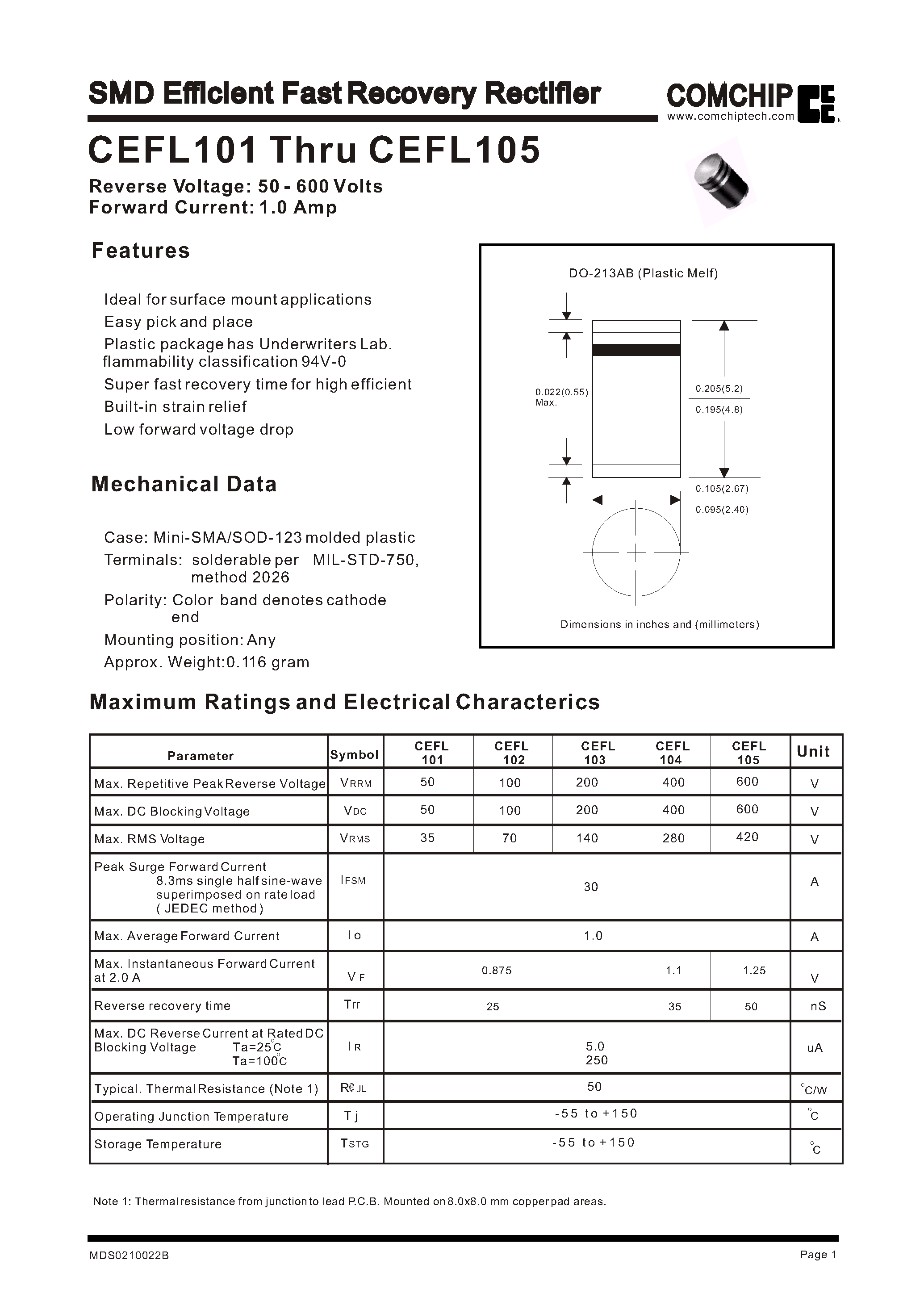 Datasheet CEFL104 - SMD Efficient Fast Recovery Rectifier page 1