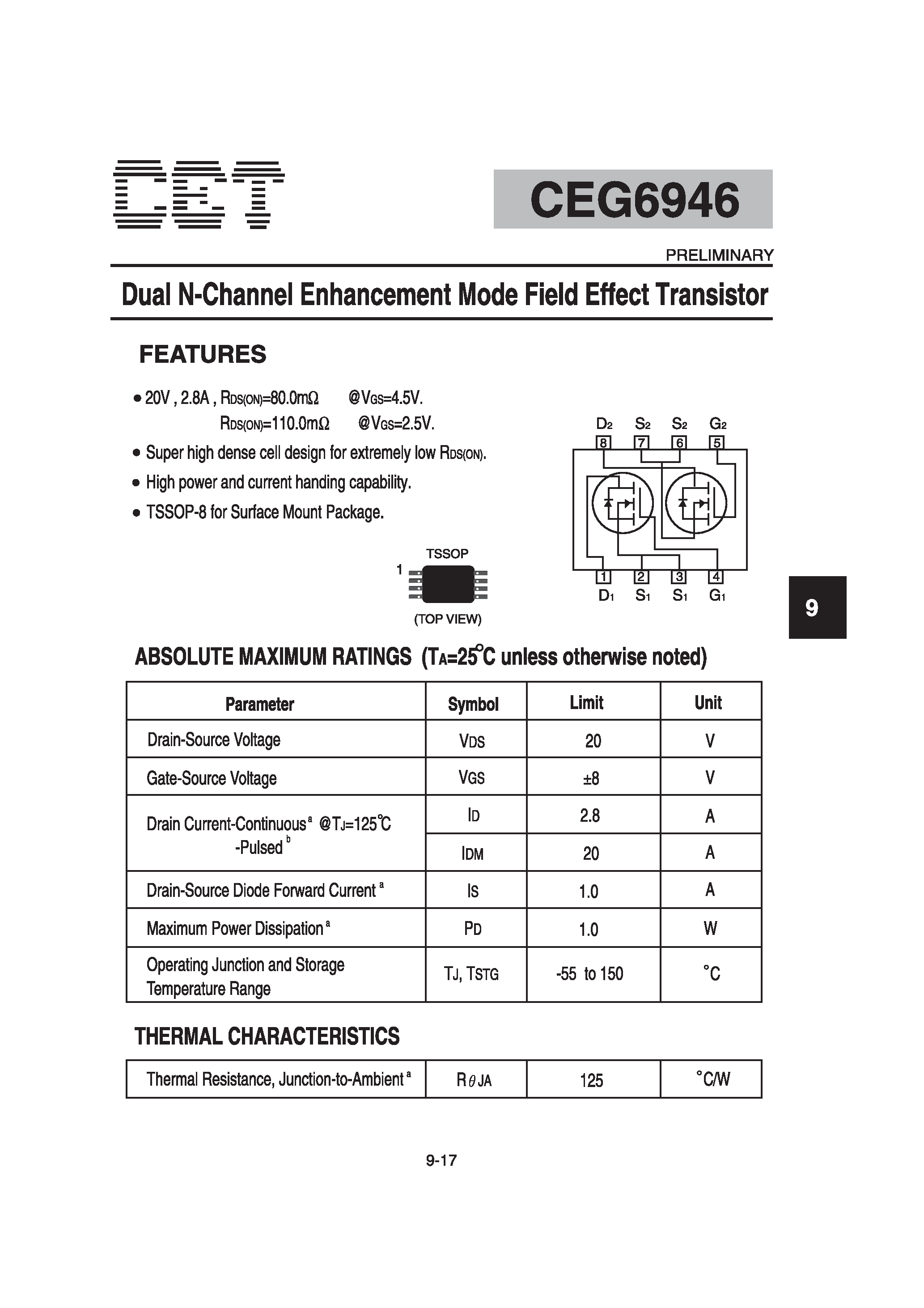 Datasheet CEG6946 - Dual N-Channel Enhancement Mode Field Effect Transistor page 1