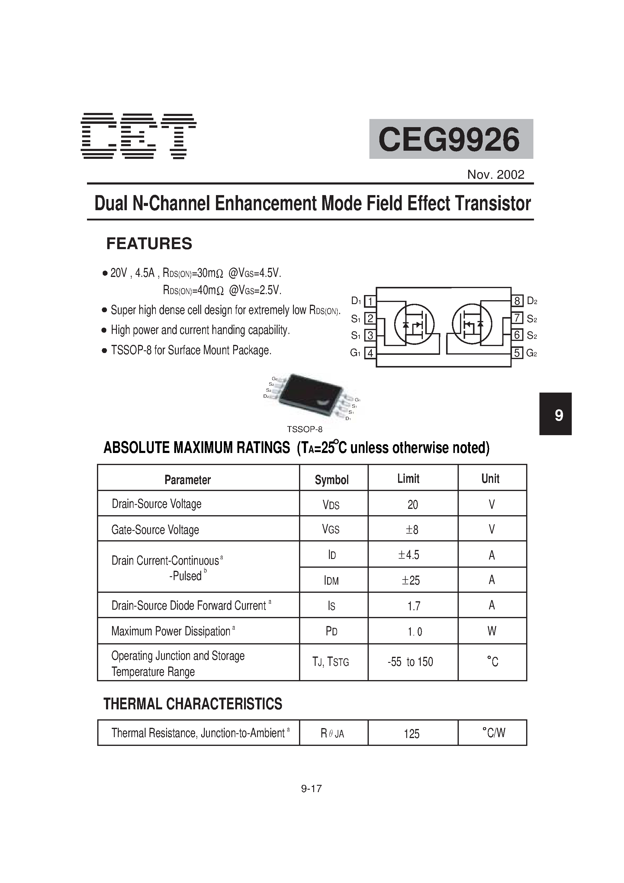Datasheet CEG9926 - Dual N-Channel Enhancement Mode Field Effect Transistor page 1