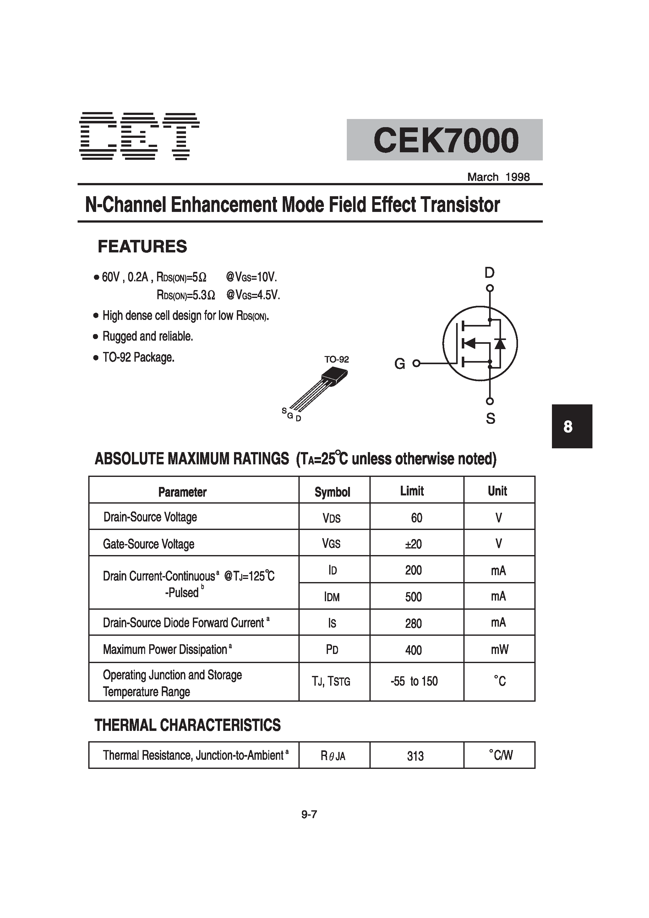 Datasheet CEK7000 - N-Channel Enhancement Mode Field Effect Transistor page 1