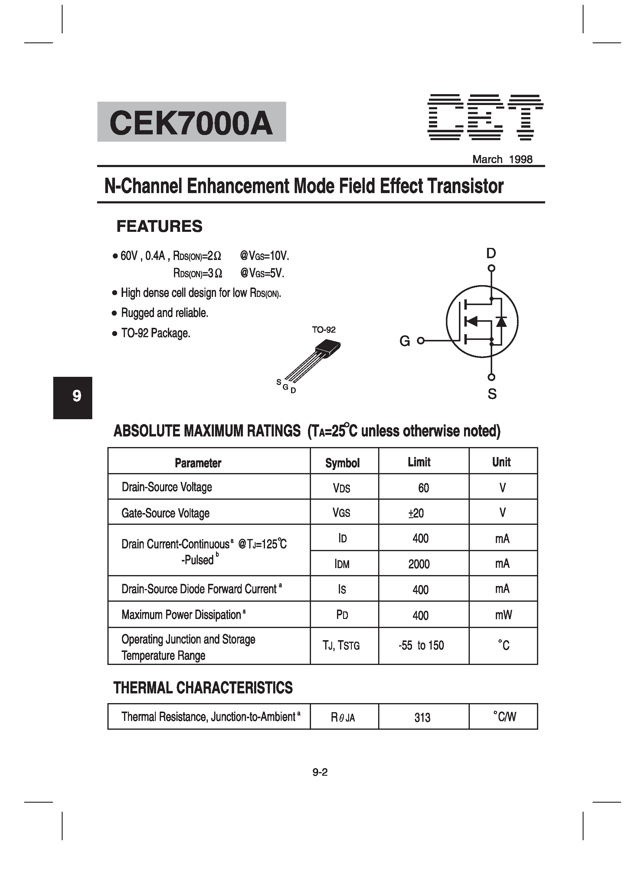 Datasheet CEK7000A - N-Channel Enhancement Mode Field Effect Transistor page 1