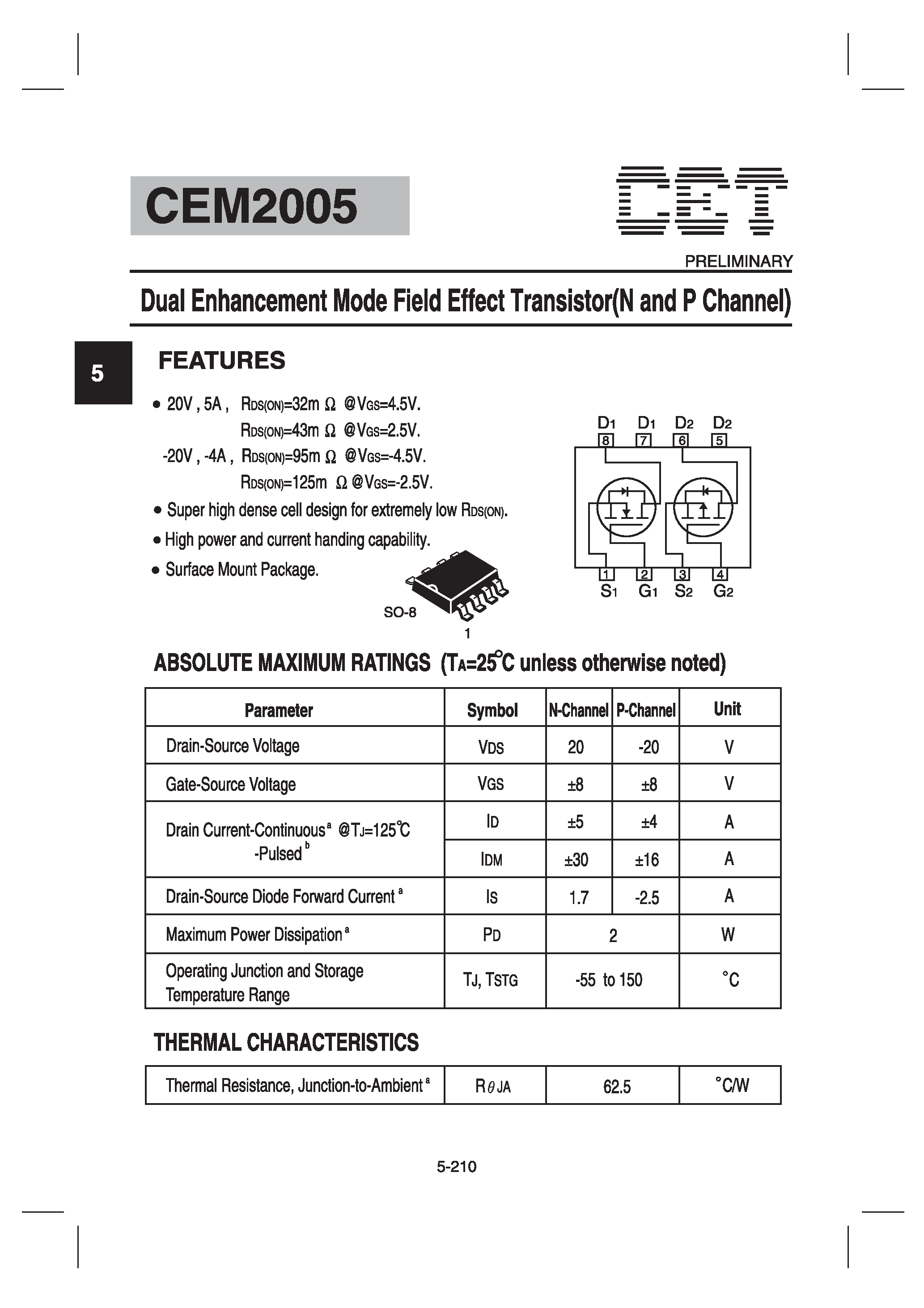 Datasheet CEM2005 - Dual Enhancement Mode Field Effect Transistor(N and Channel) page 1