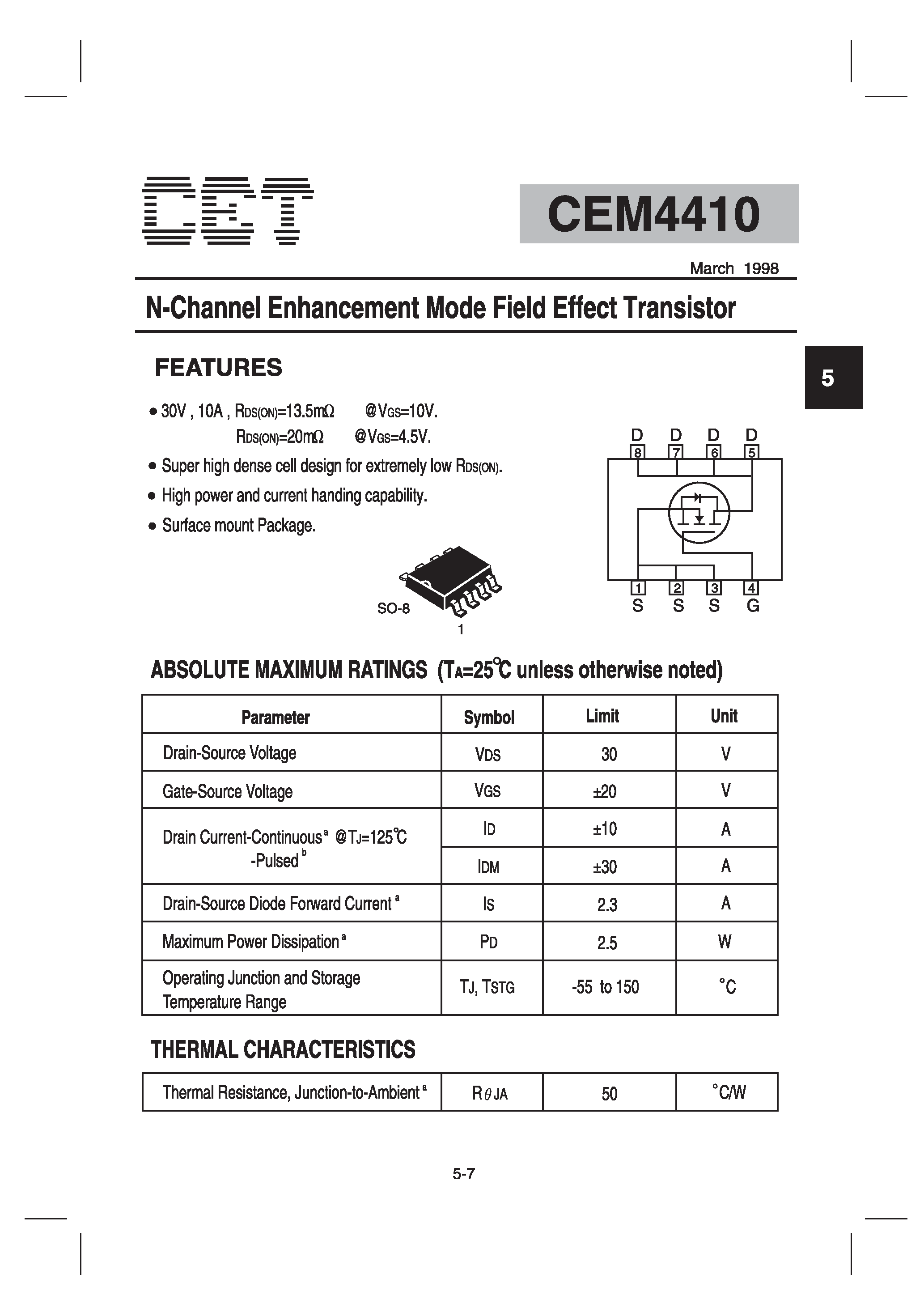 Datasheet CEM4410 - N-Channel Enhancement Mode Field Effect Transistor page 1