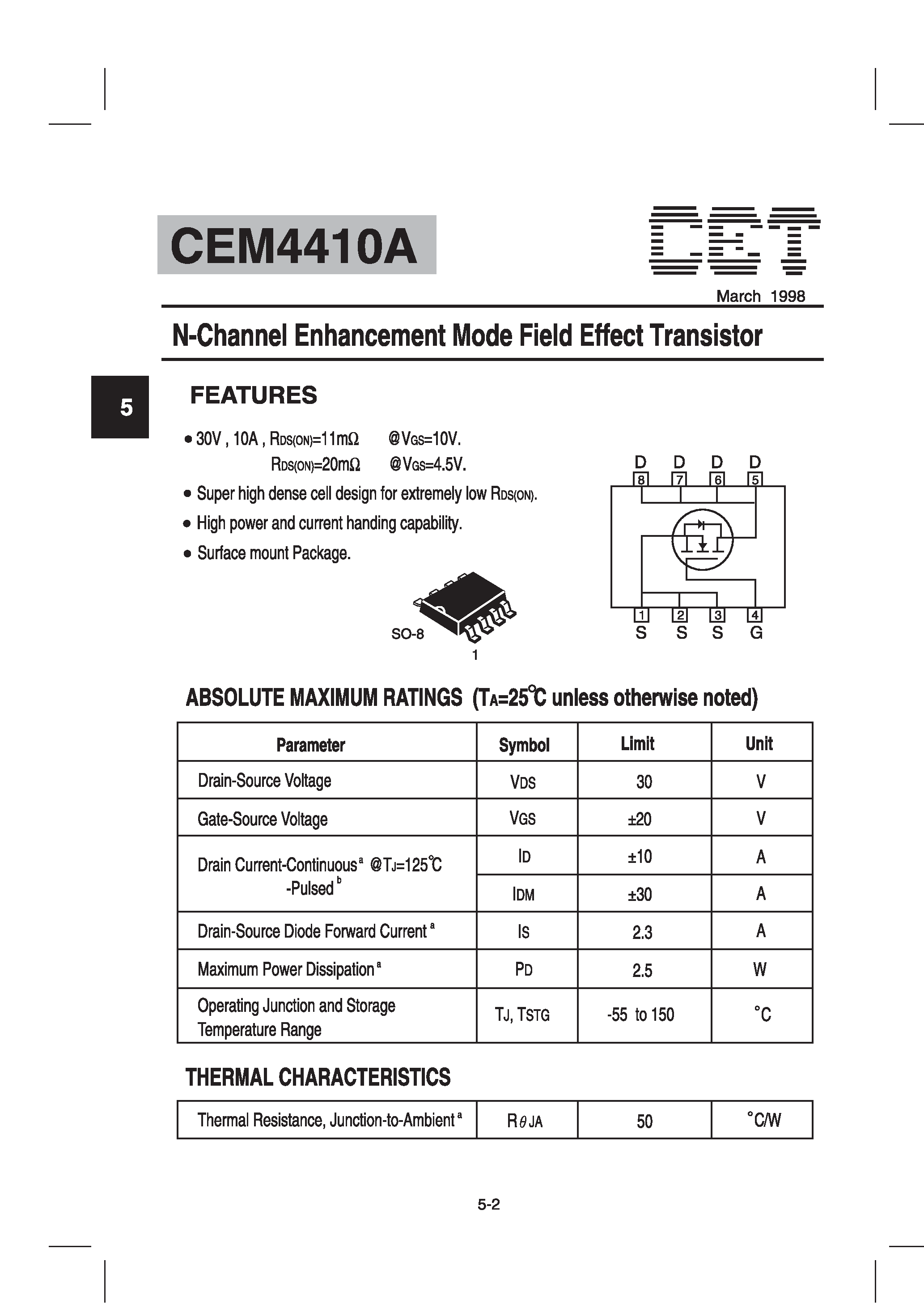 Datasheet CEM4410A - N-Channel Enhancement Mode Field Effect Transistor page 1