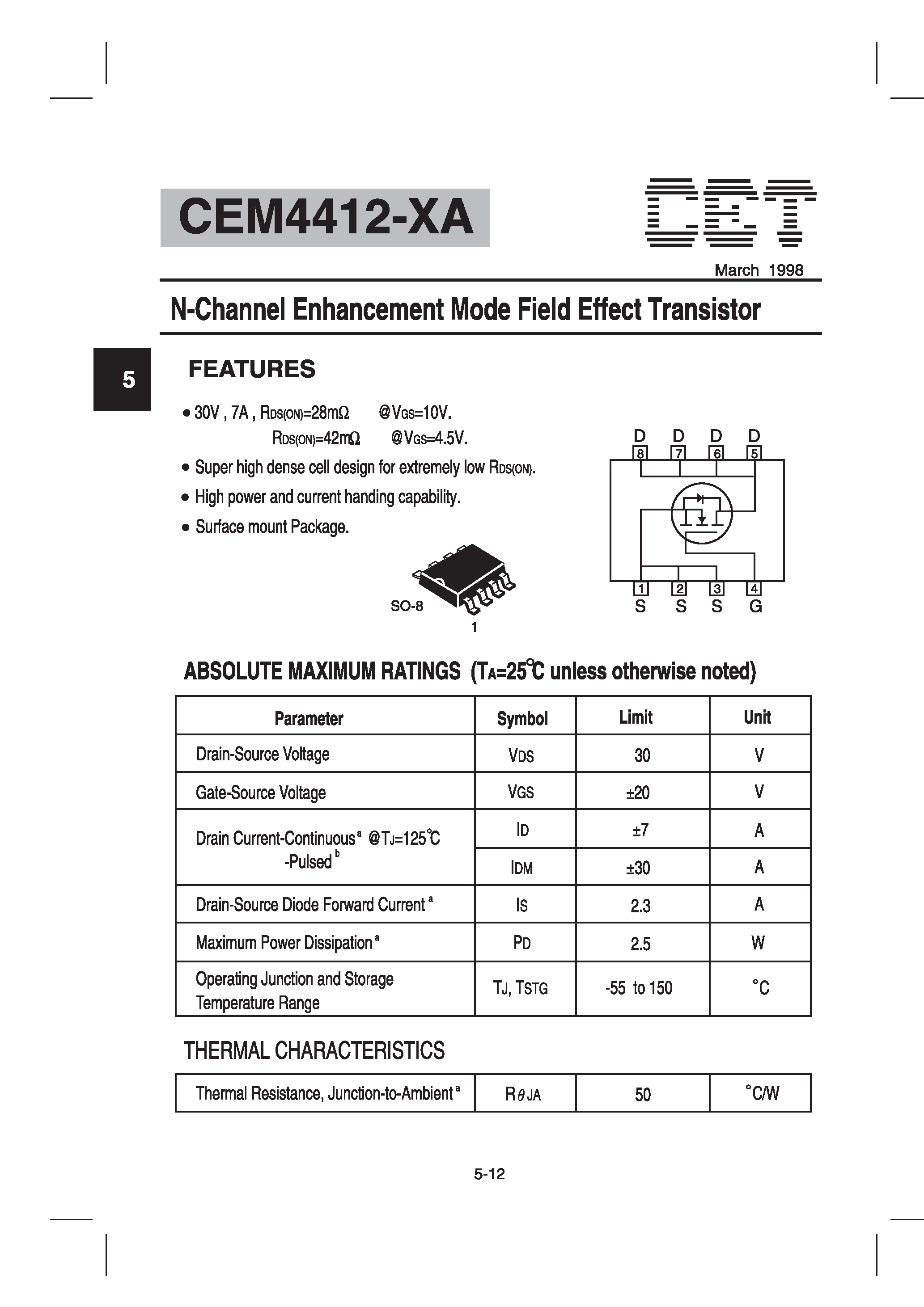 Datasheet CEM4412-XA - N-Channel Enhancement Mode Field Effect Transistor page 1