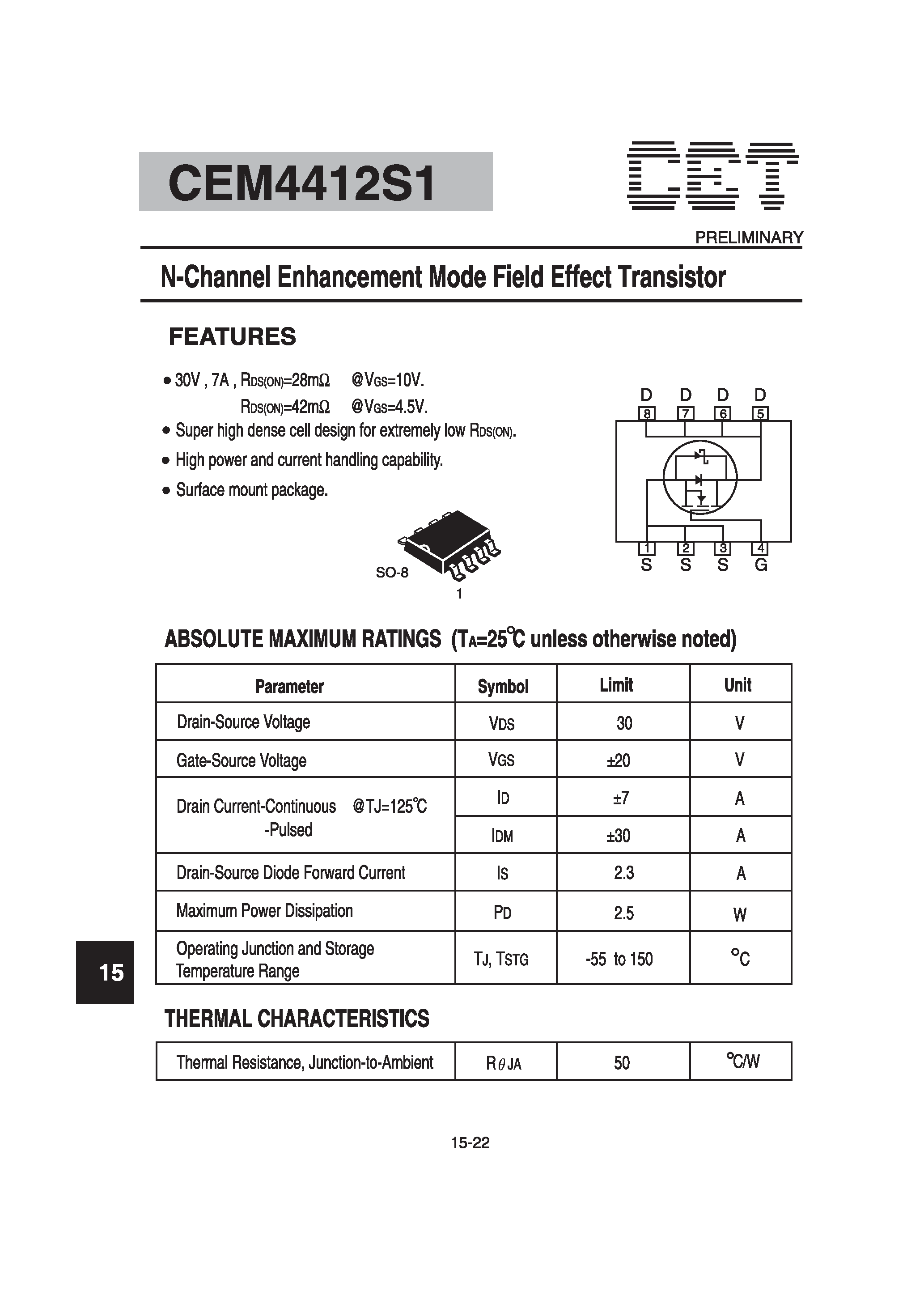 Datasheet CEM4412S1 - N-Channel Enhancement Mode Field Effect Transistor page 1