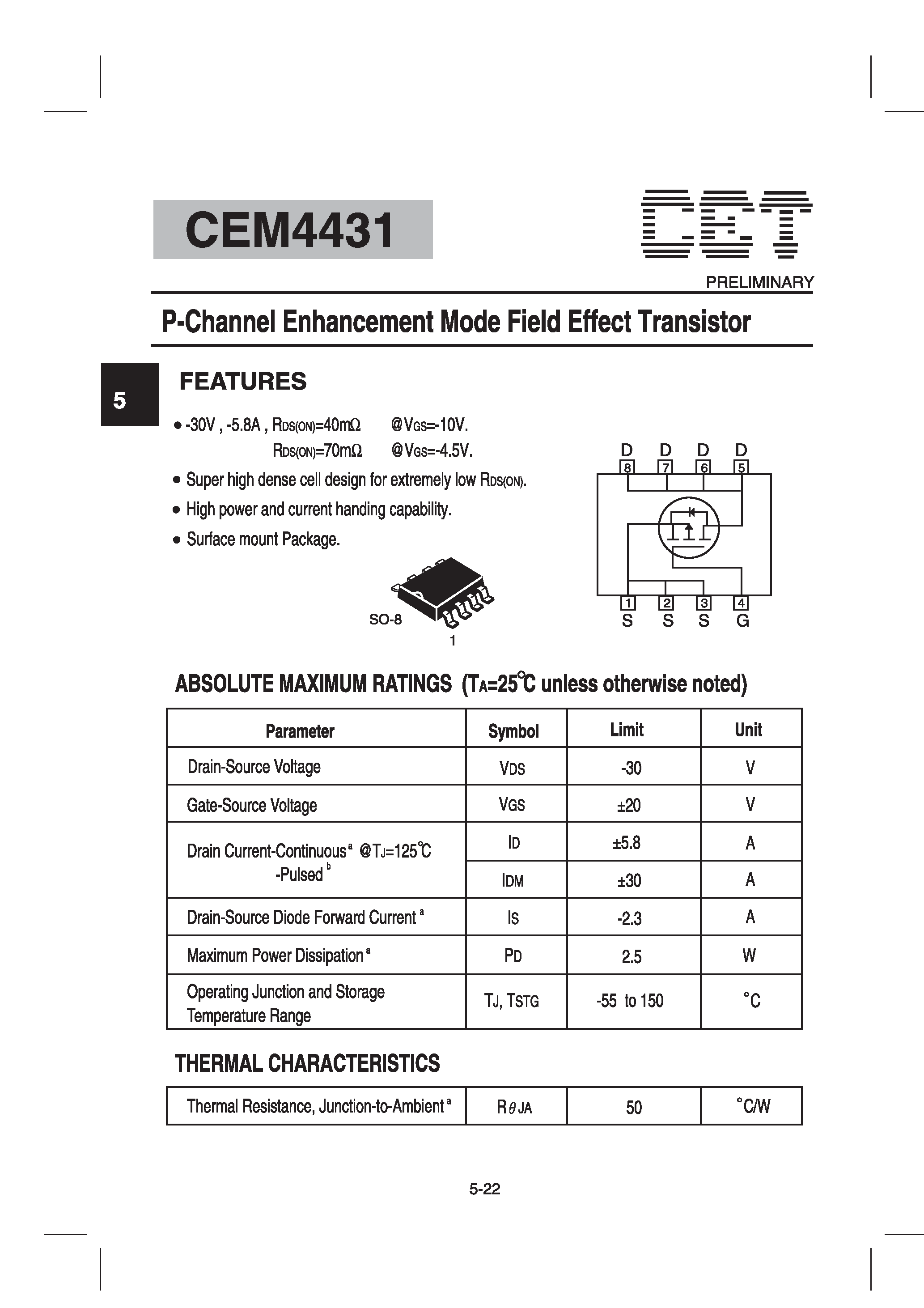Datasheet CEM4431 - P-Channel Enhancement Mode Field Effect Transistor page 1