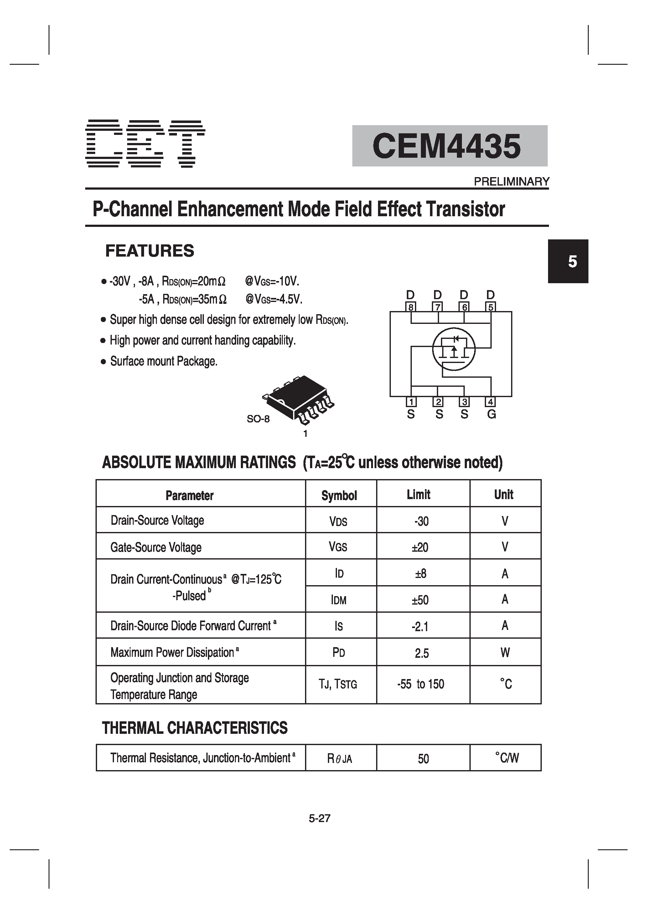 Datasheet CEM4435 - P-Channel Enhancement Mode Field Effect Transistor page 1