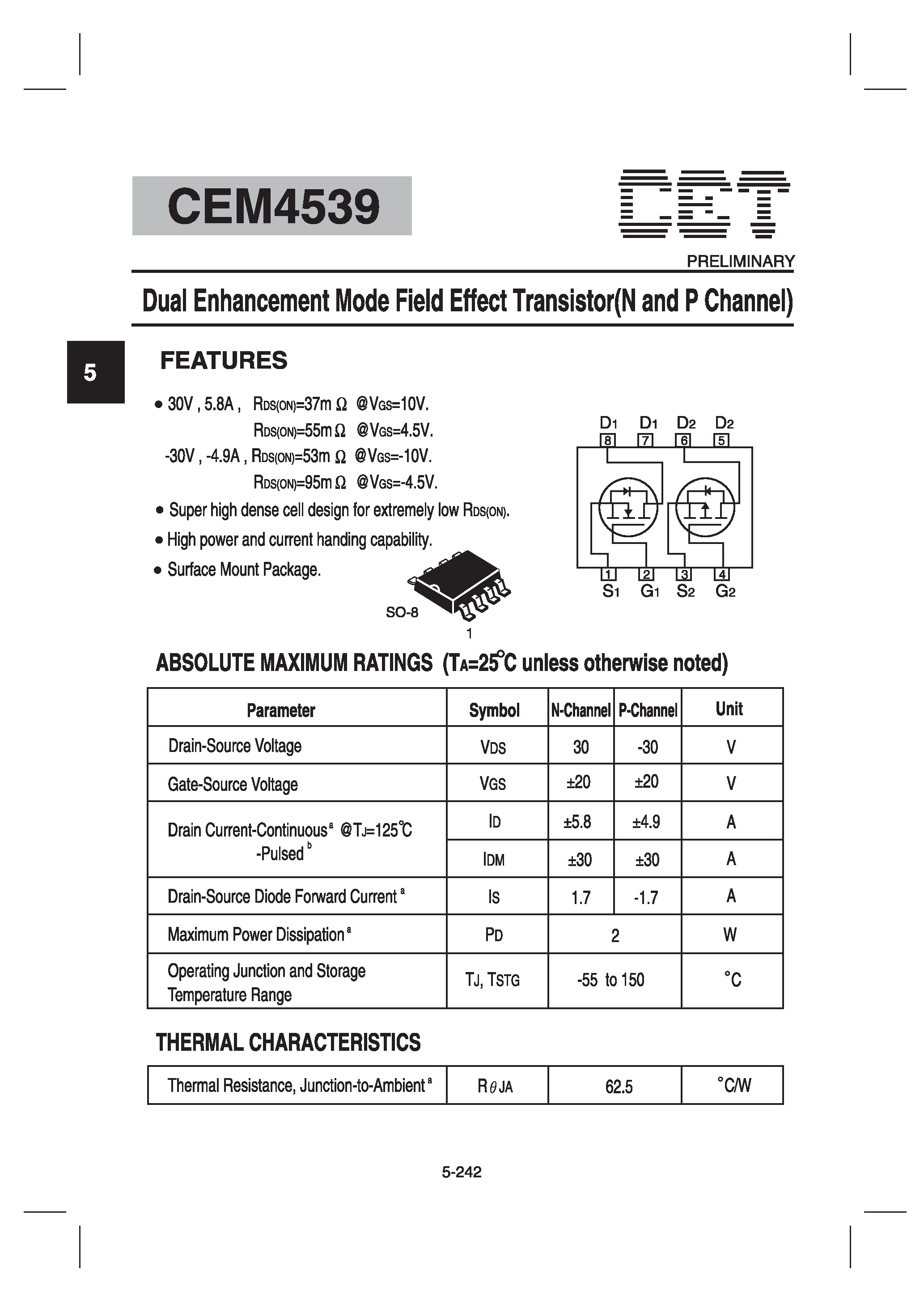 Datasheet CEM4539 - Dual Enhancement Mode Field Effect Transistor(N and P Channel) page 1