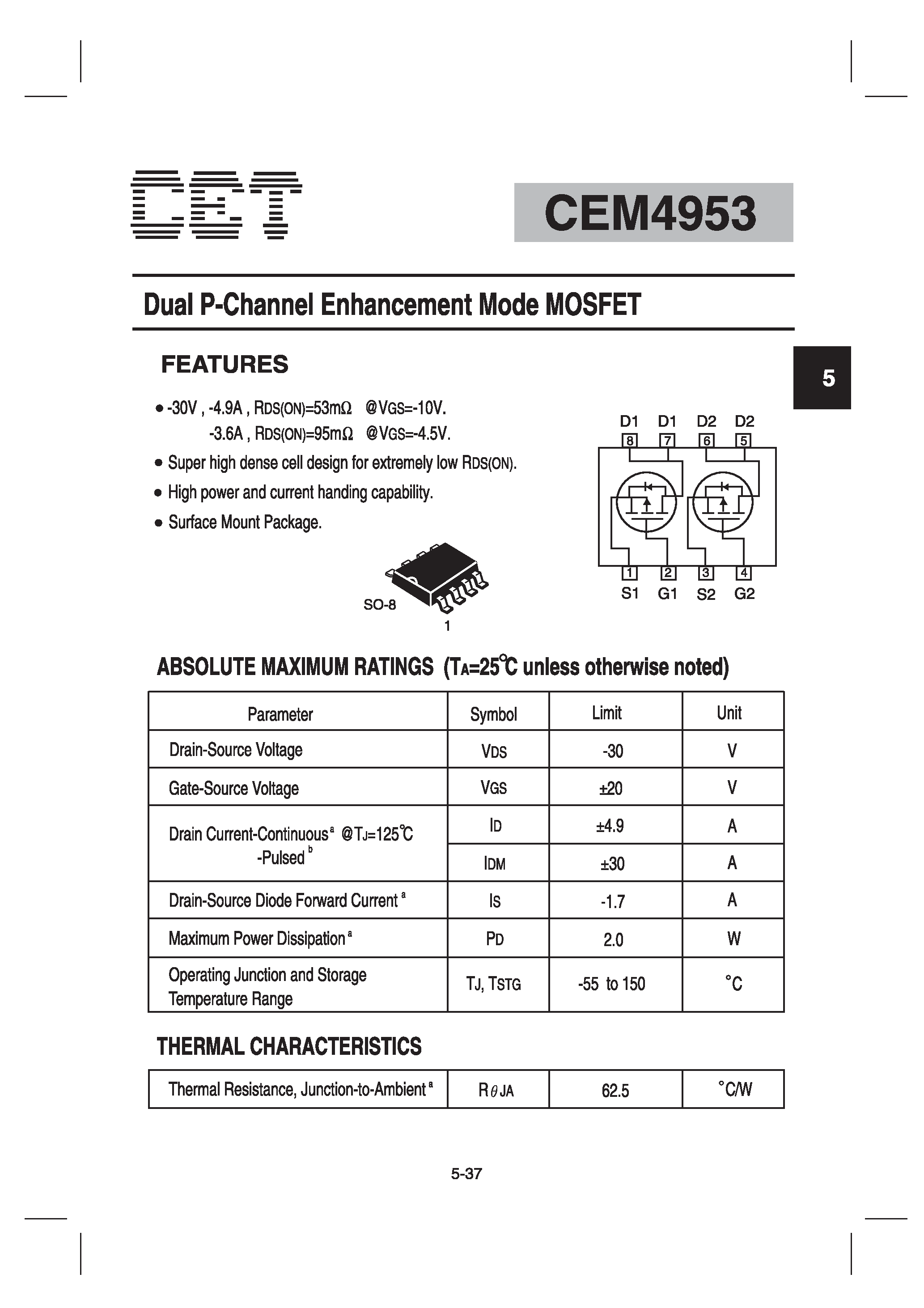 Datasheet CEM4953 - Dual P-Channel Enhancement Mode MOSFET page 1