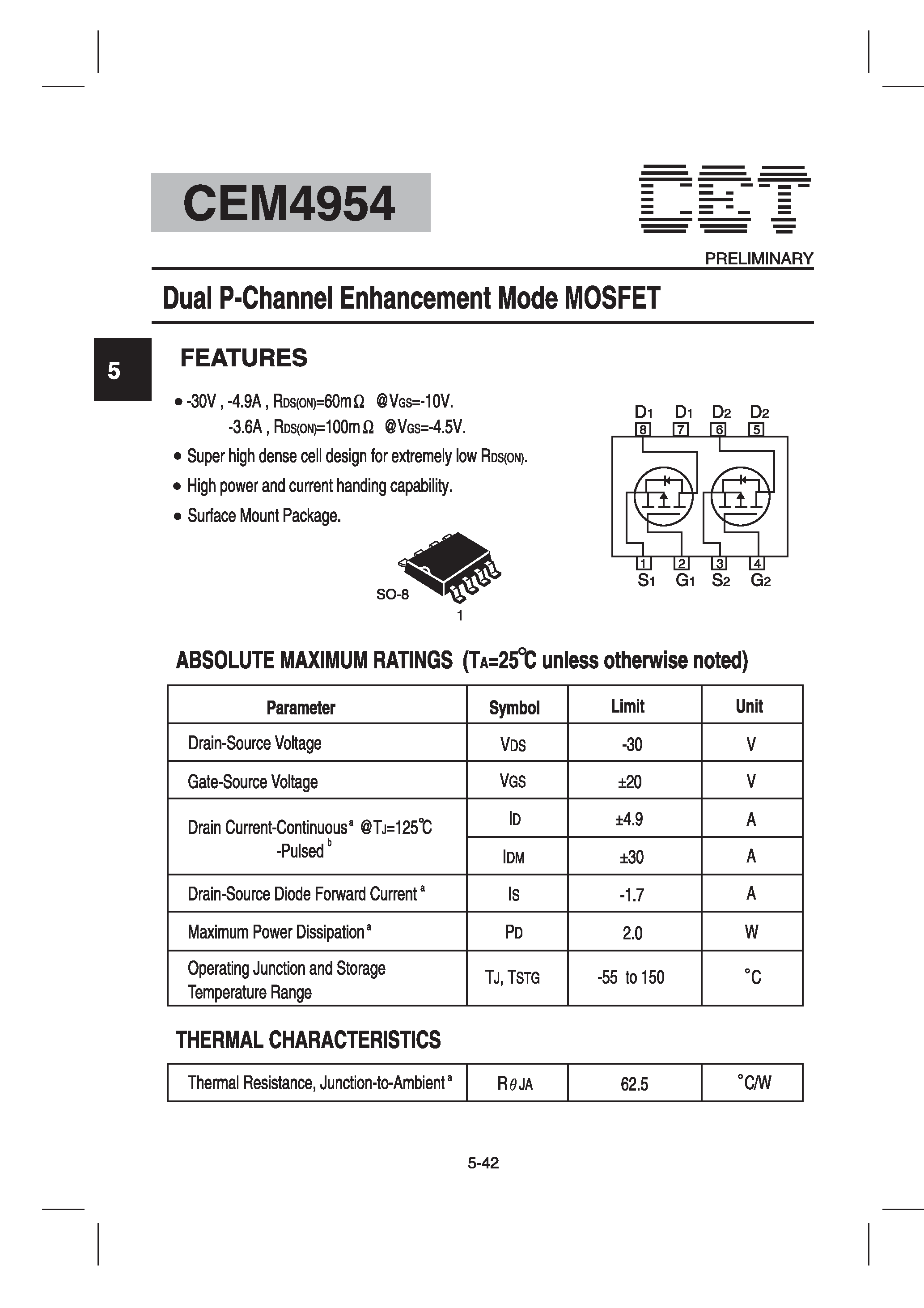 Datasheet CEM4954 - Dual P-Channel Enhancement Mode MOSFET page 1