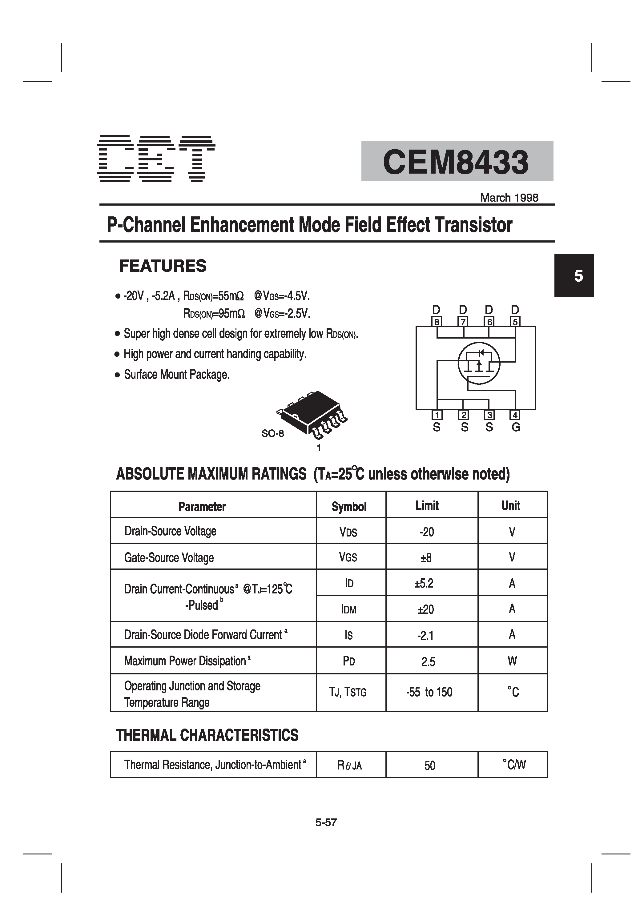Datasheet CEM8433 - P-Channel Enhancement Mode Field Effect Transistor page 1