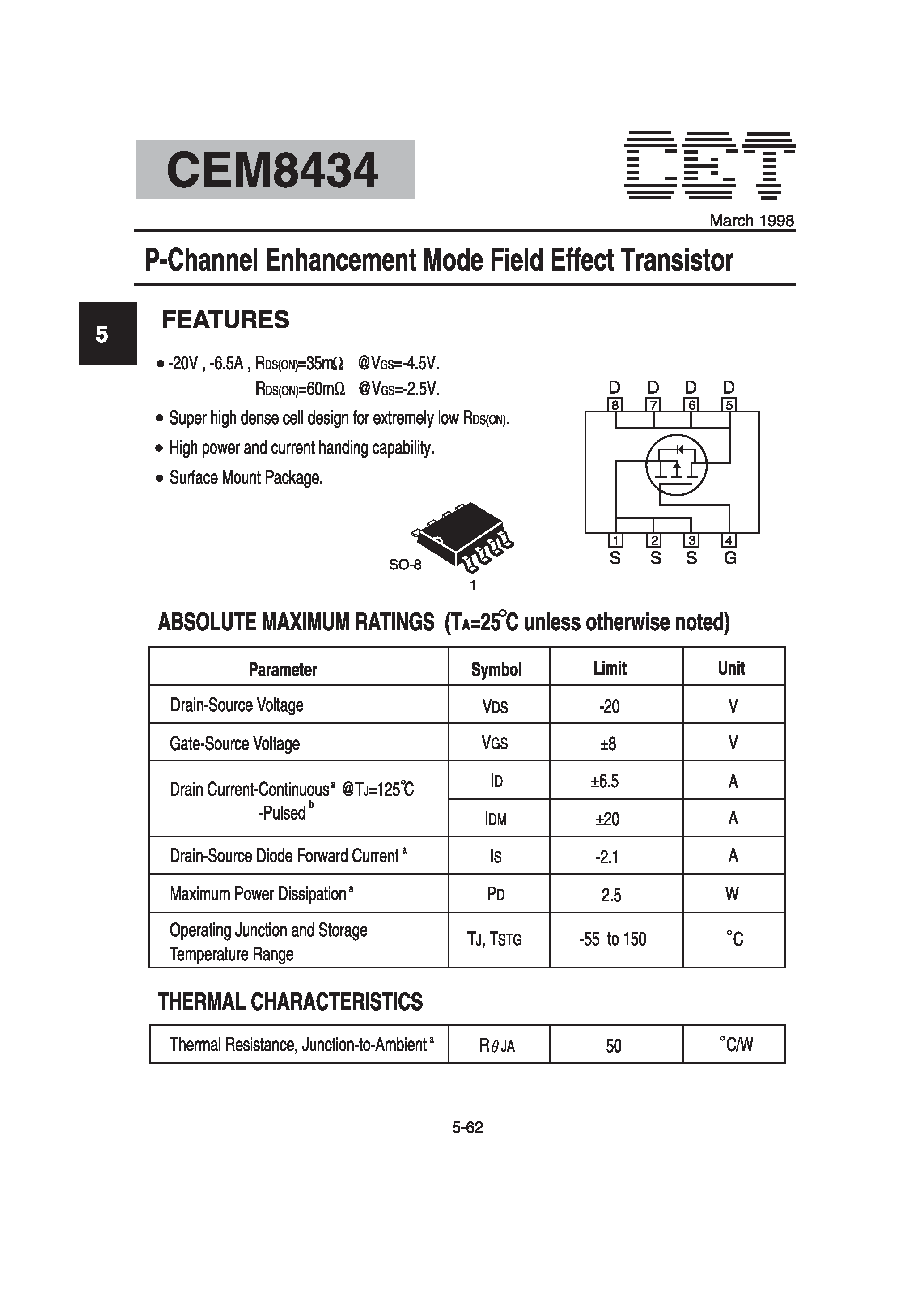 Datasheet CEM8434 - P-Channel Enhancement Mode Field Effect Transistor page 1