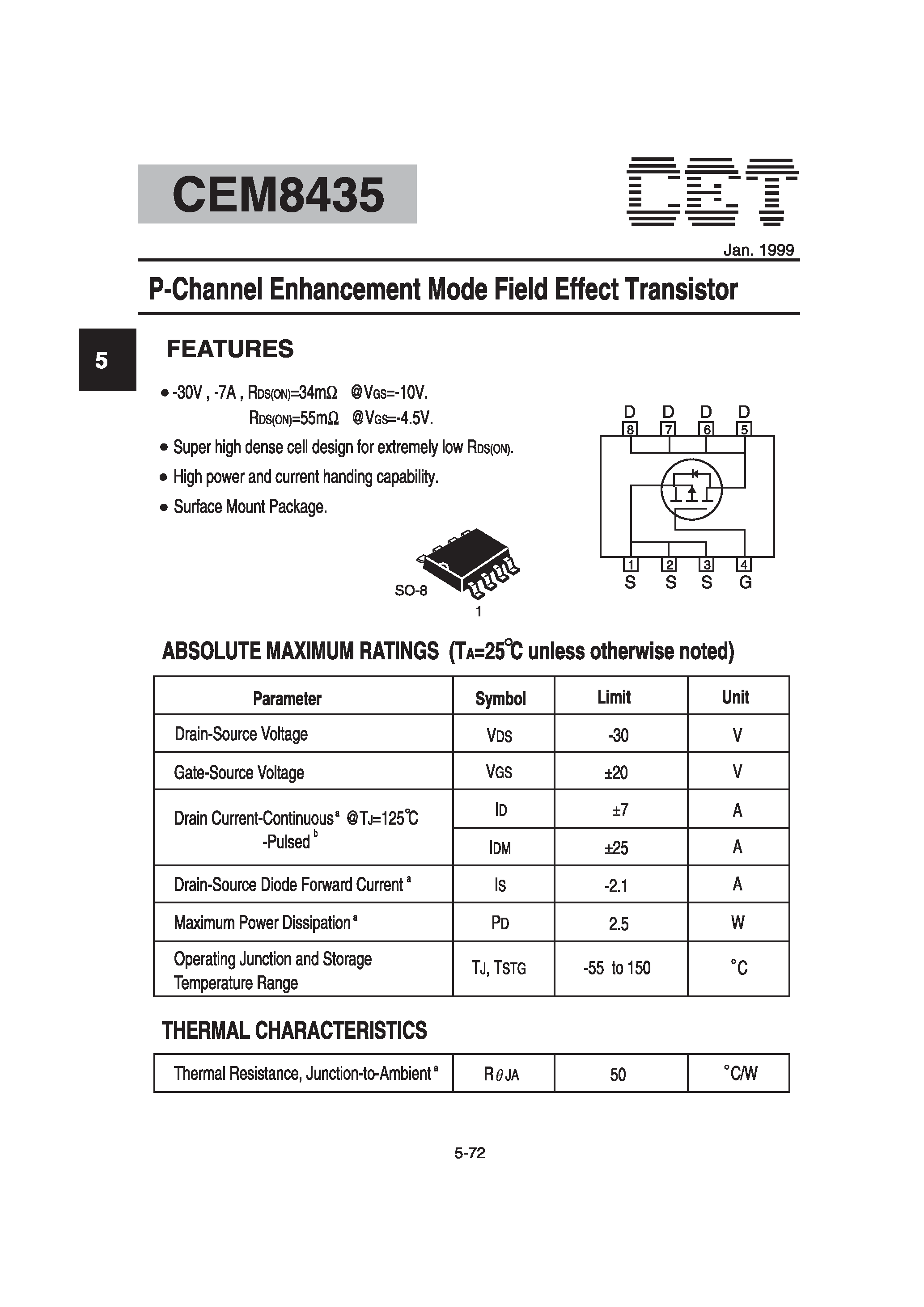 Datasheet CEM8435 - P-Channel Enhancement Mode Field Effect Transistor page 1