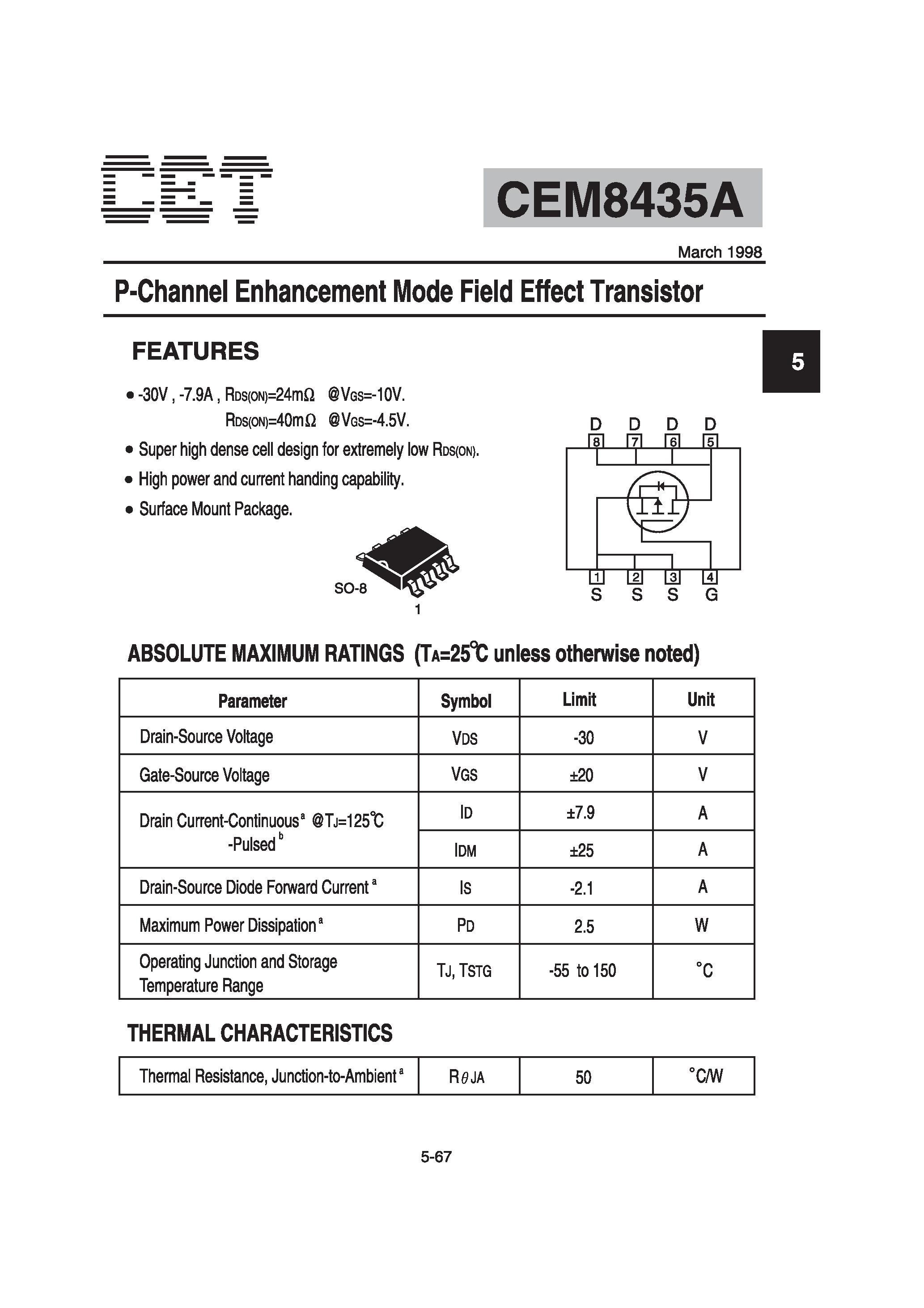 Datasheet CEM8435A - P-Channel Enhancement Mode Field Effect Transistor page 1