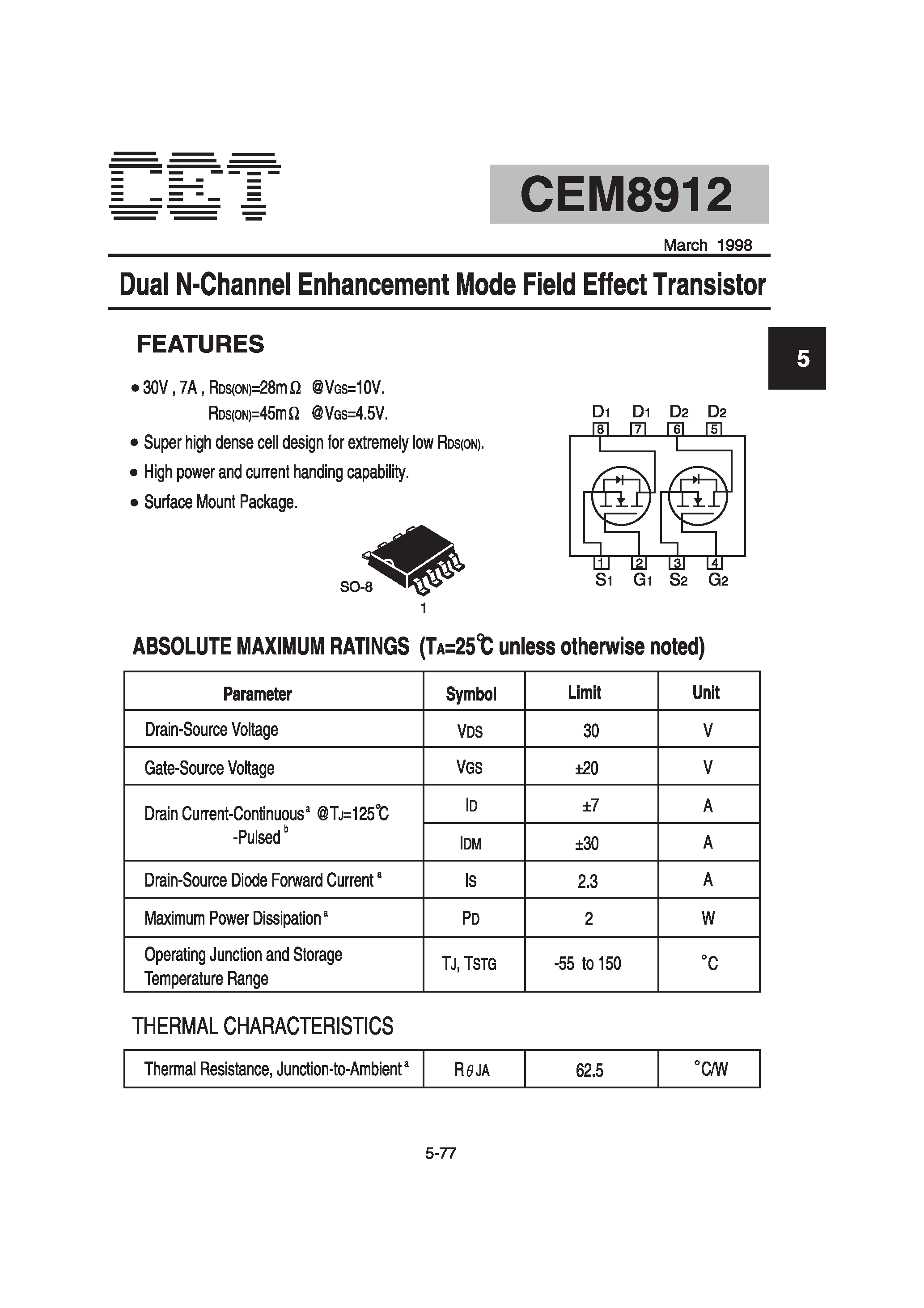 Datasheet CEM8912 - Dual N-Channel Enhancement Mode Field Effect Transistor page 1