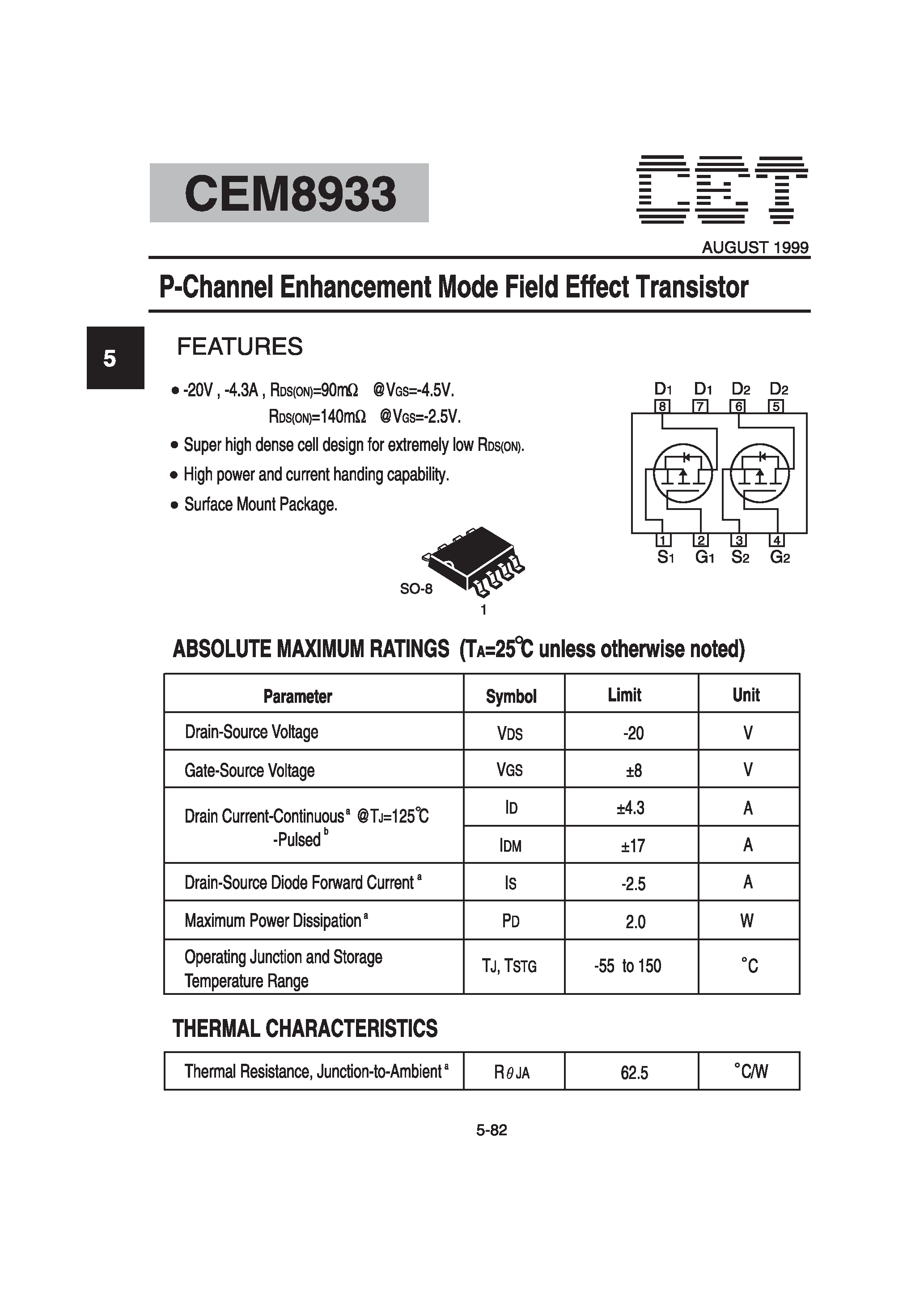 Datasheet CEM8933 - P-Channel Enhancement Mode Field Effect Transistor page 1