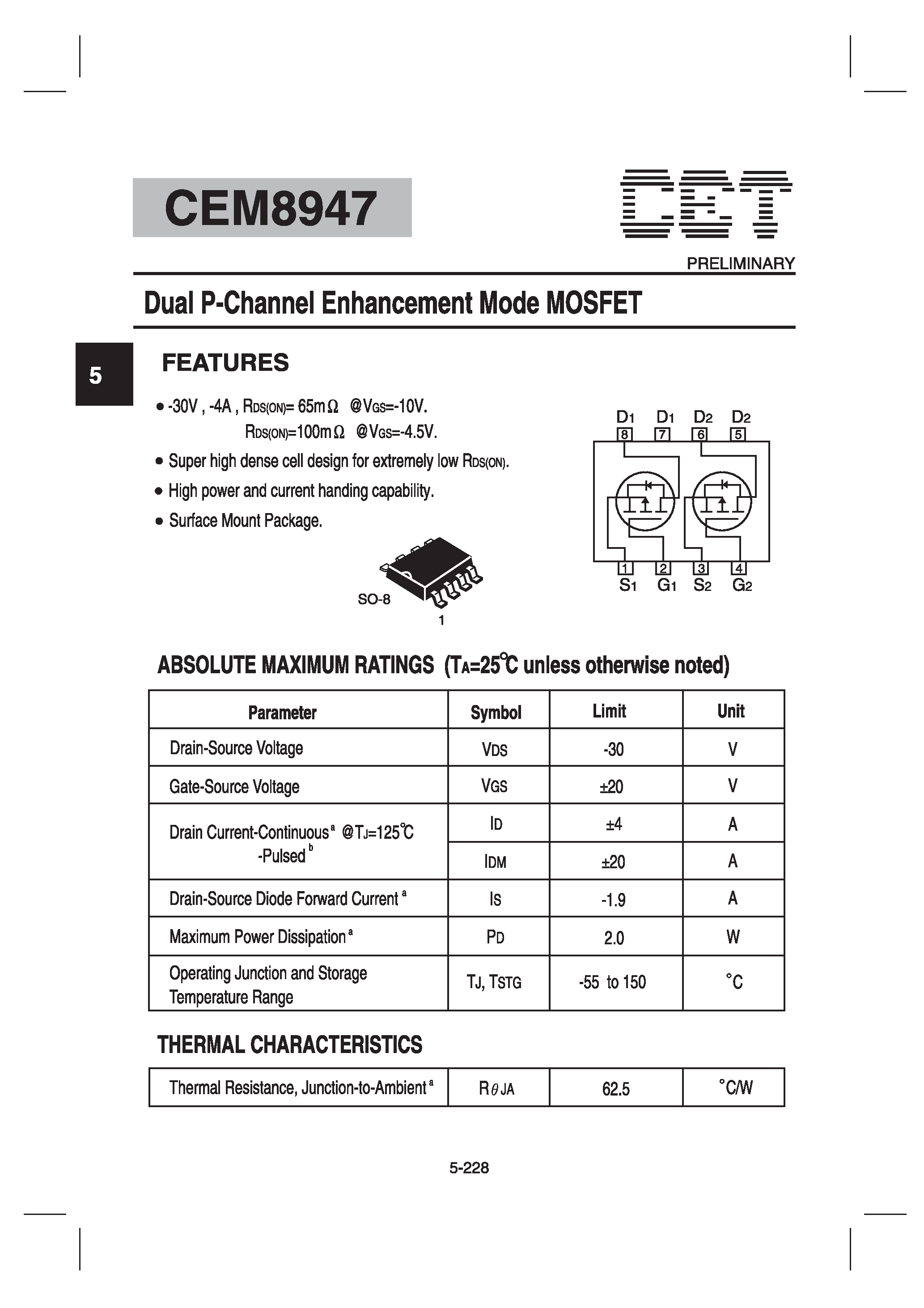 Datasheet CEM8947 - Dual P-Channel Enhancement Mode MOSFET page 1