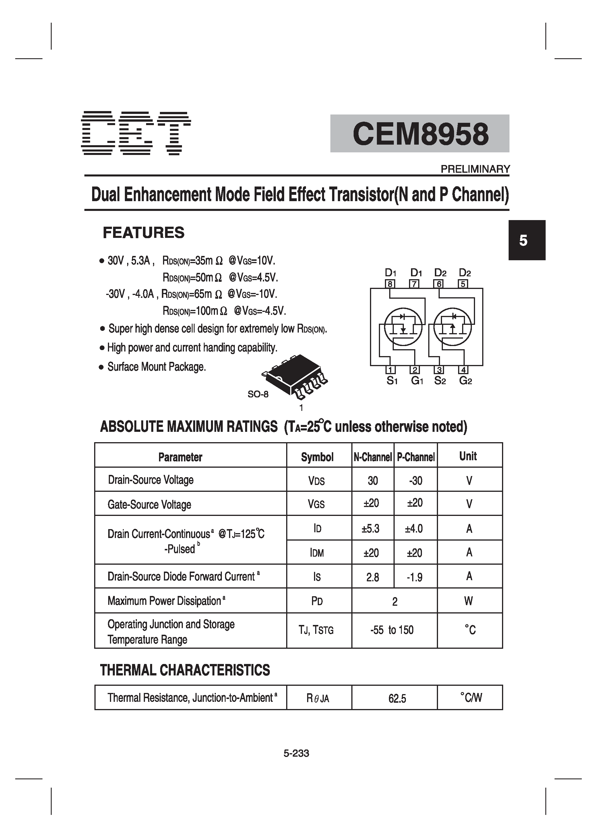 Datasheet CEM8958 - Dual Enhancement Mode Field Effect Transistor(N and P Channel) page 1
