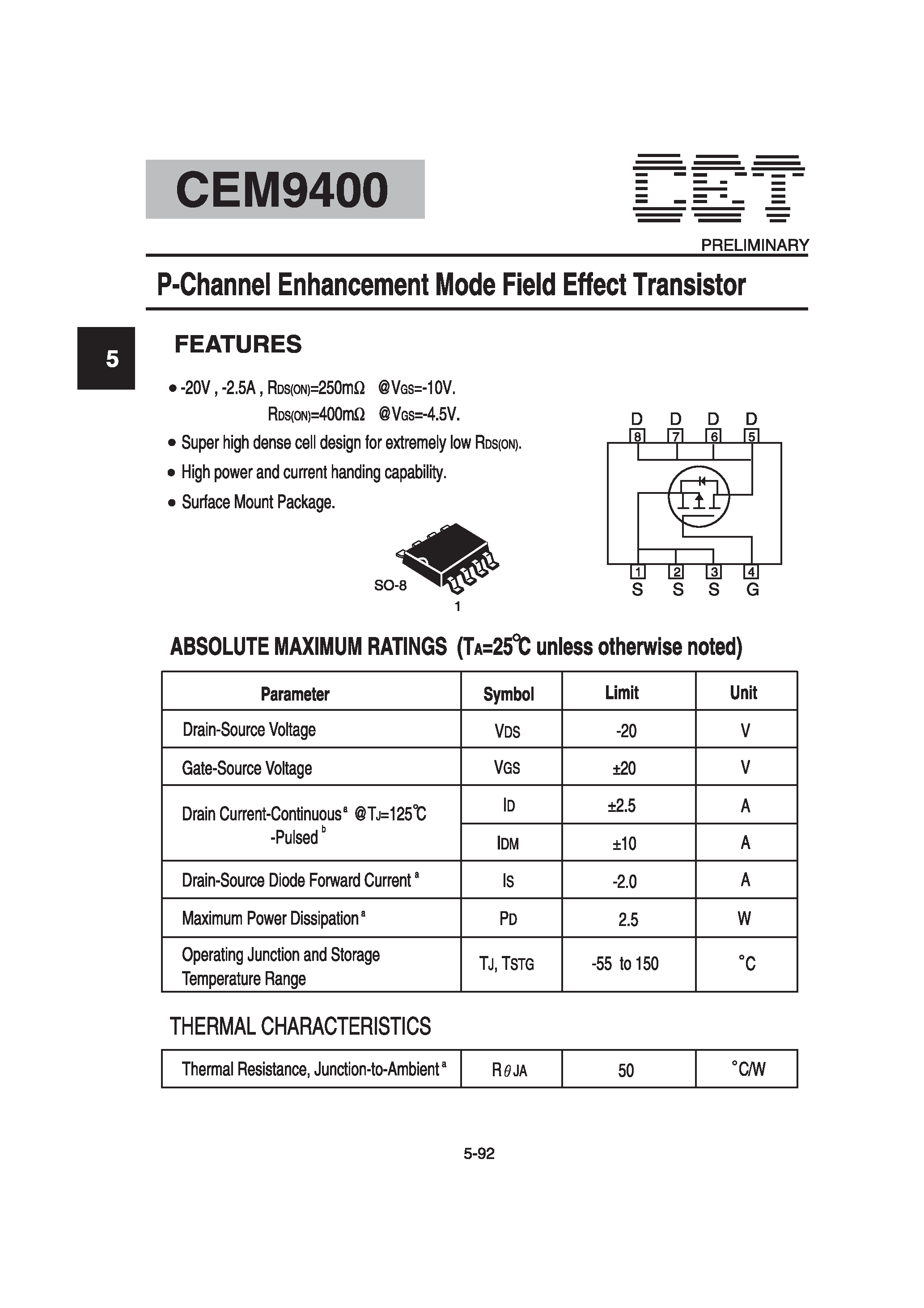 Datasheet CEM9400 page 1 Datasheet CEM9400 - P-Channel Enhancement Mode Field Effect Transistor page 1