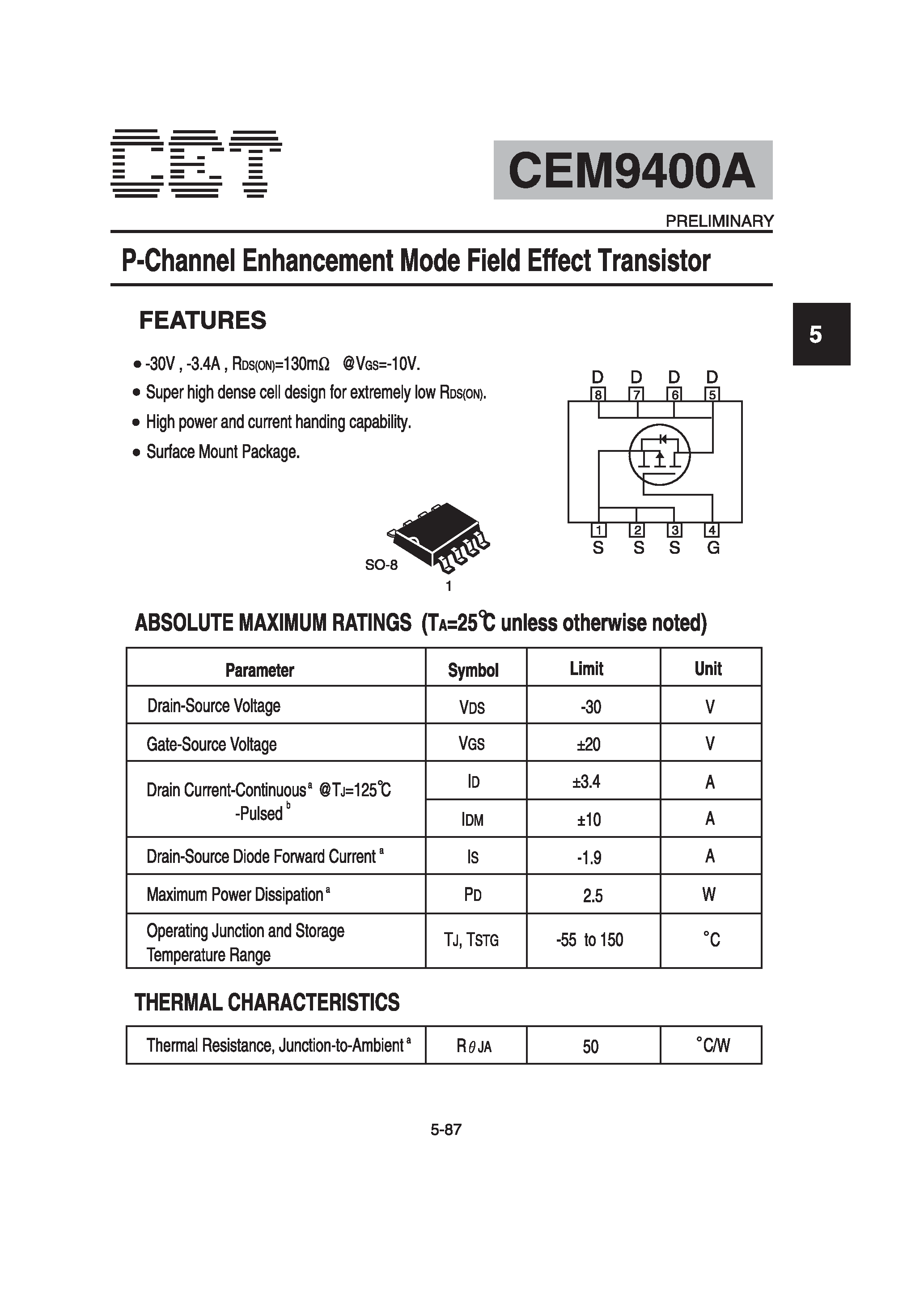 Datasheet CEM9400A - P-Channel Enhancement Mode Field Effect Transistor page 1
