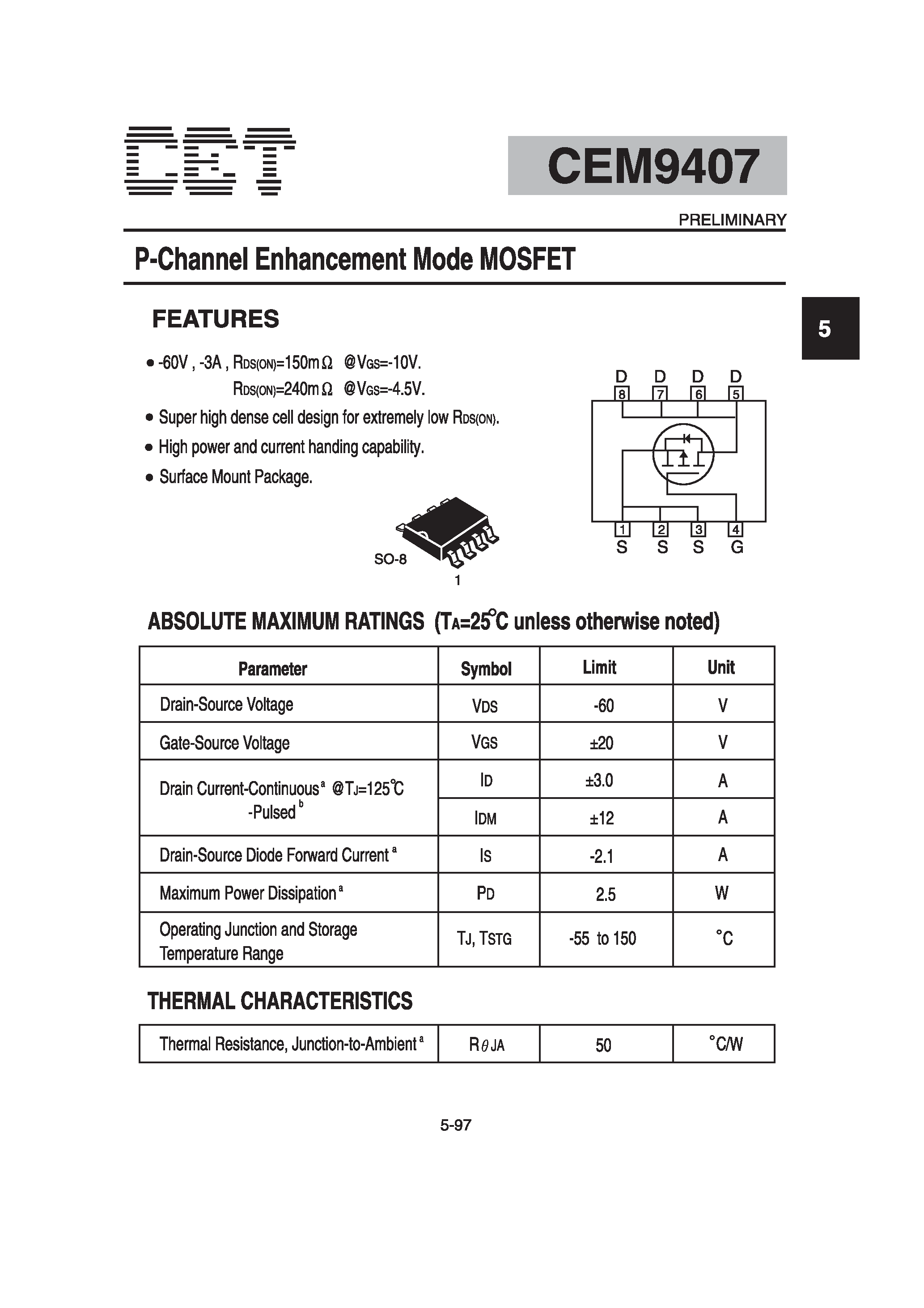 Datasheet CEM9407 page 1 Datasheet CEM9407 - P-Channel Enhancement Mode MOSFET page 1