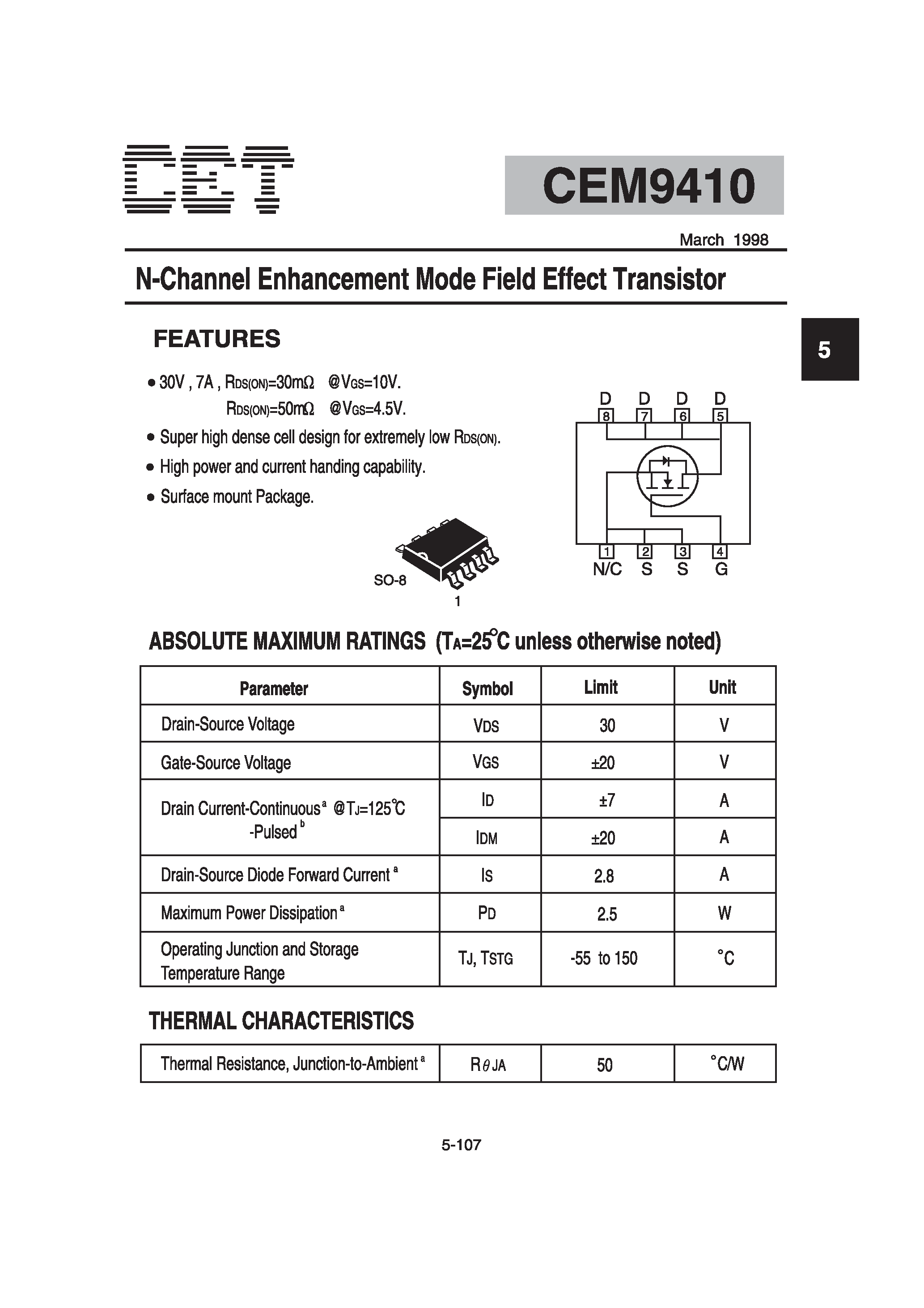 Datasheet CEM9410 - N-Channel Enhancement Mode Field Effect Transistor page 1