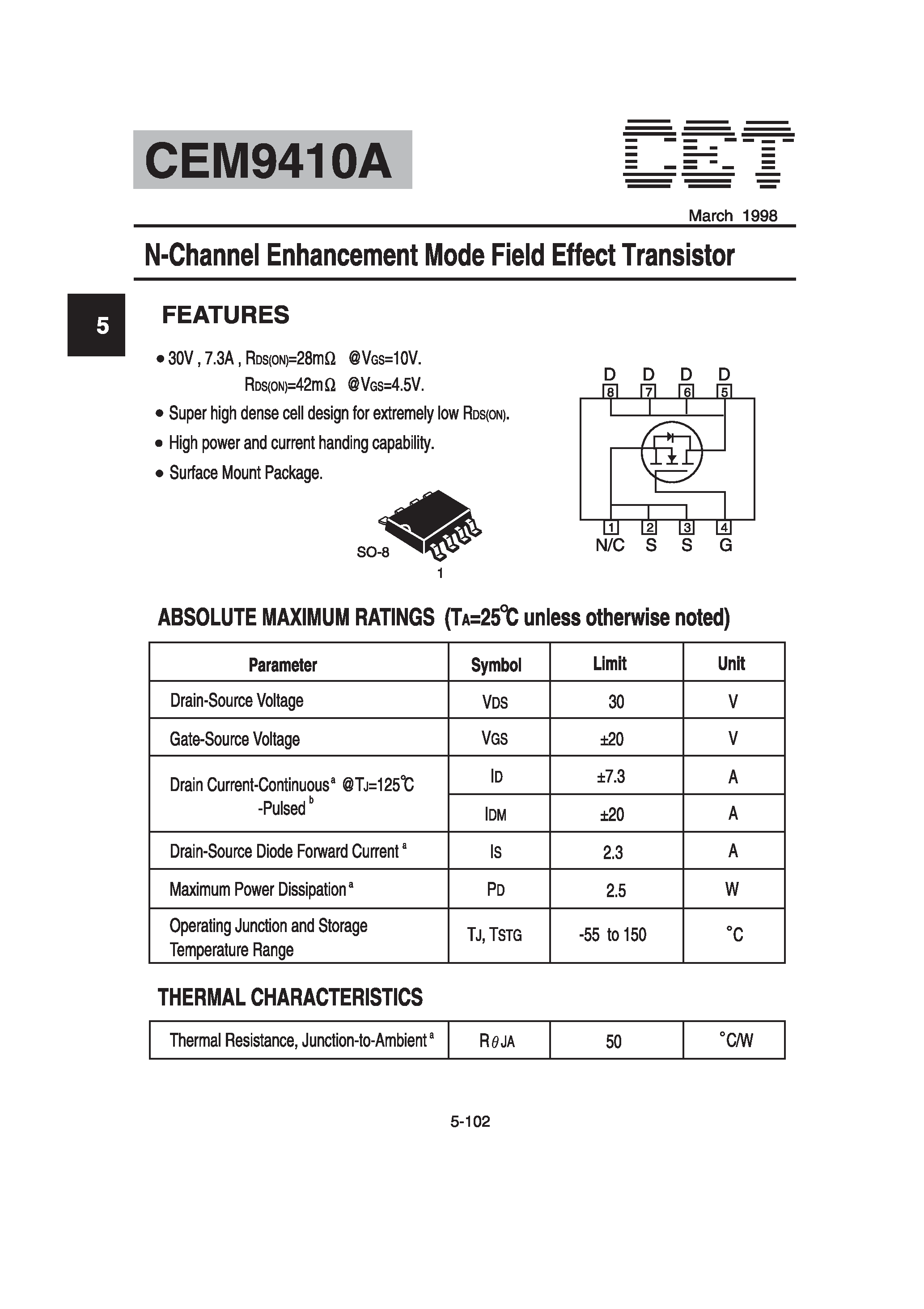Datasheet CEM9410A - N-Channel Enhancement Mode Field Effect Transistor page 1