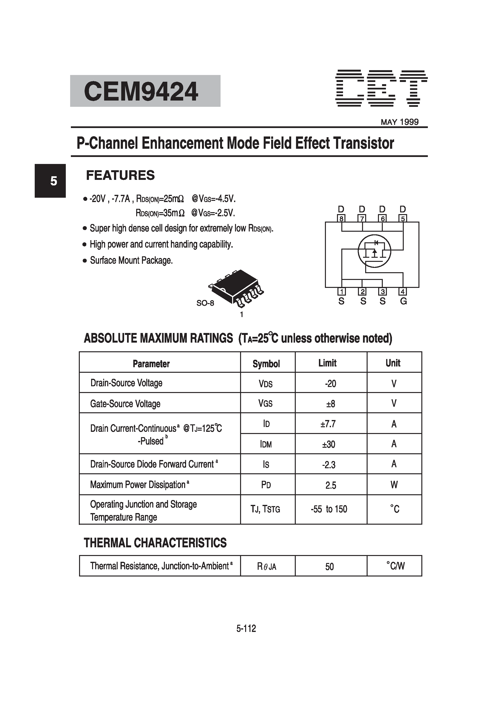 Datasheet CEM9424 - P-Channel Enhancement Mode Field Effect Transistor page 1