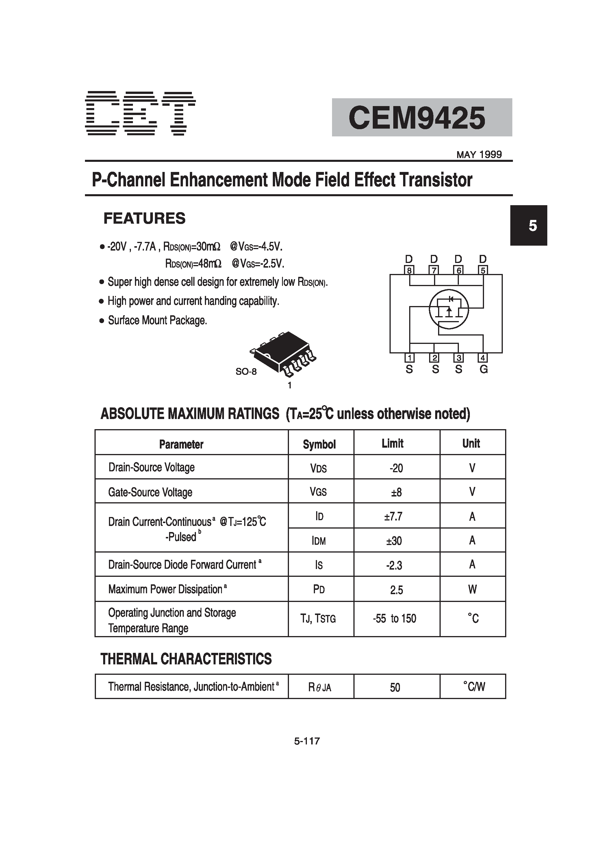 Datasheet CEM9425 - P-Channel Enhancement Mode Field Effect Transistor page 1