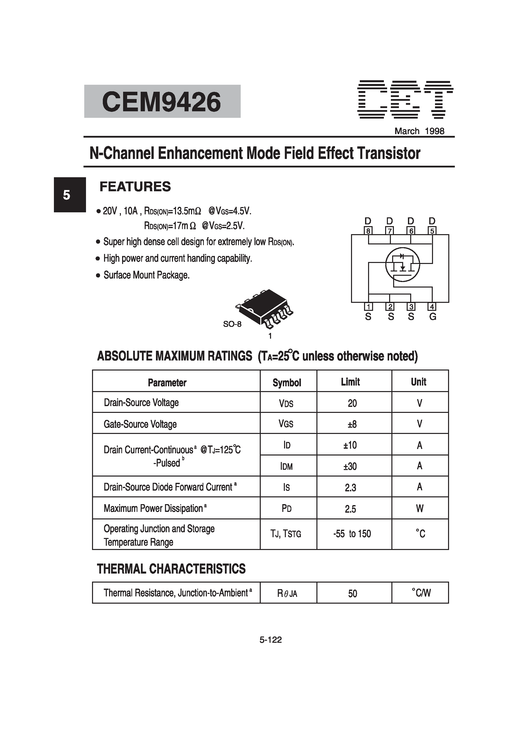 Datasheet CEM9426 - N-Channel Enhancement Mode Field Effect Transistor page 1