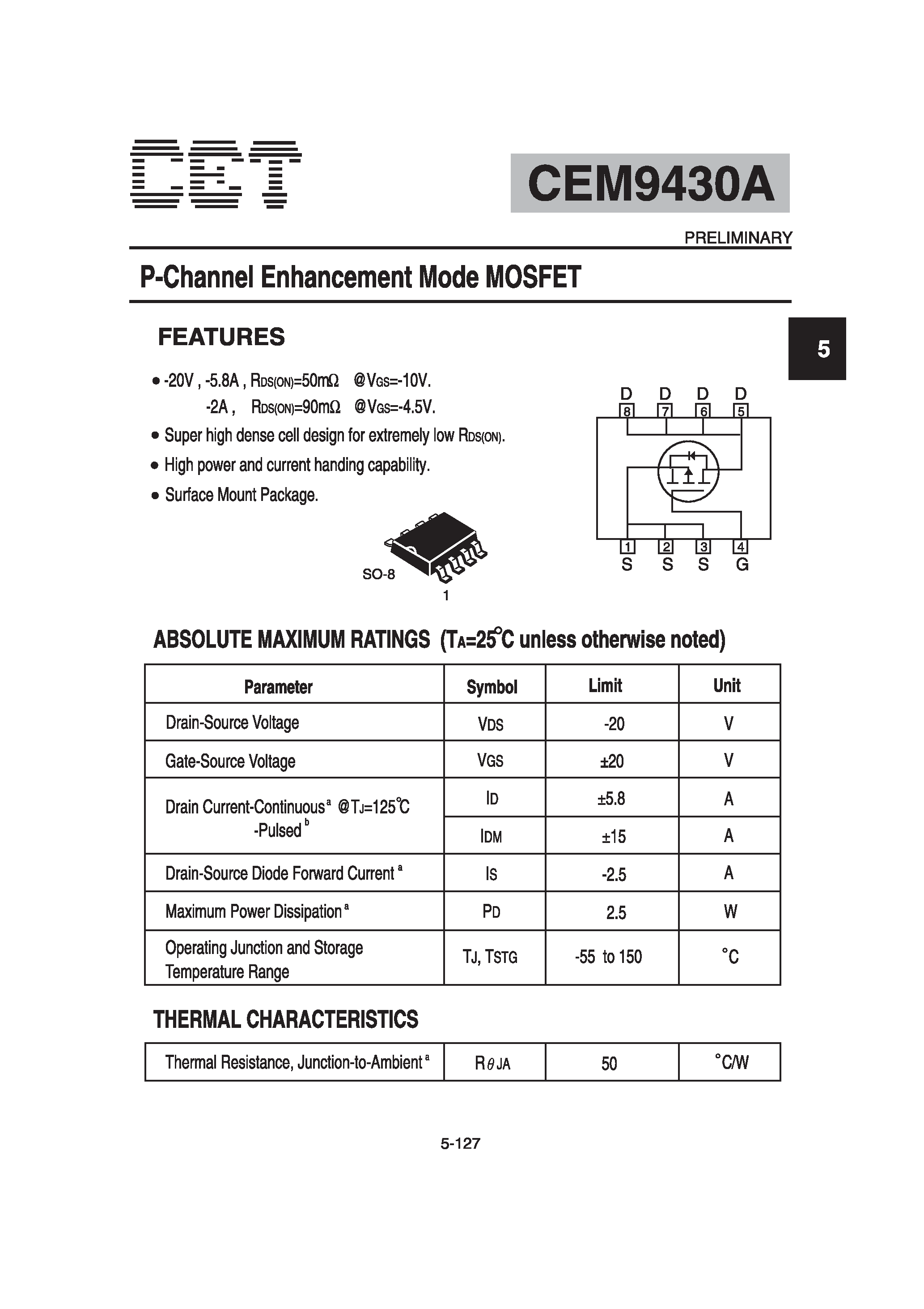 Datasheet CEM9430A - P-Channel Enhancement Mode MOSFET page 1
