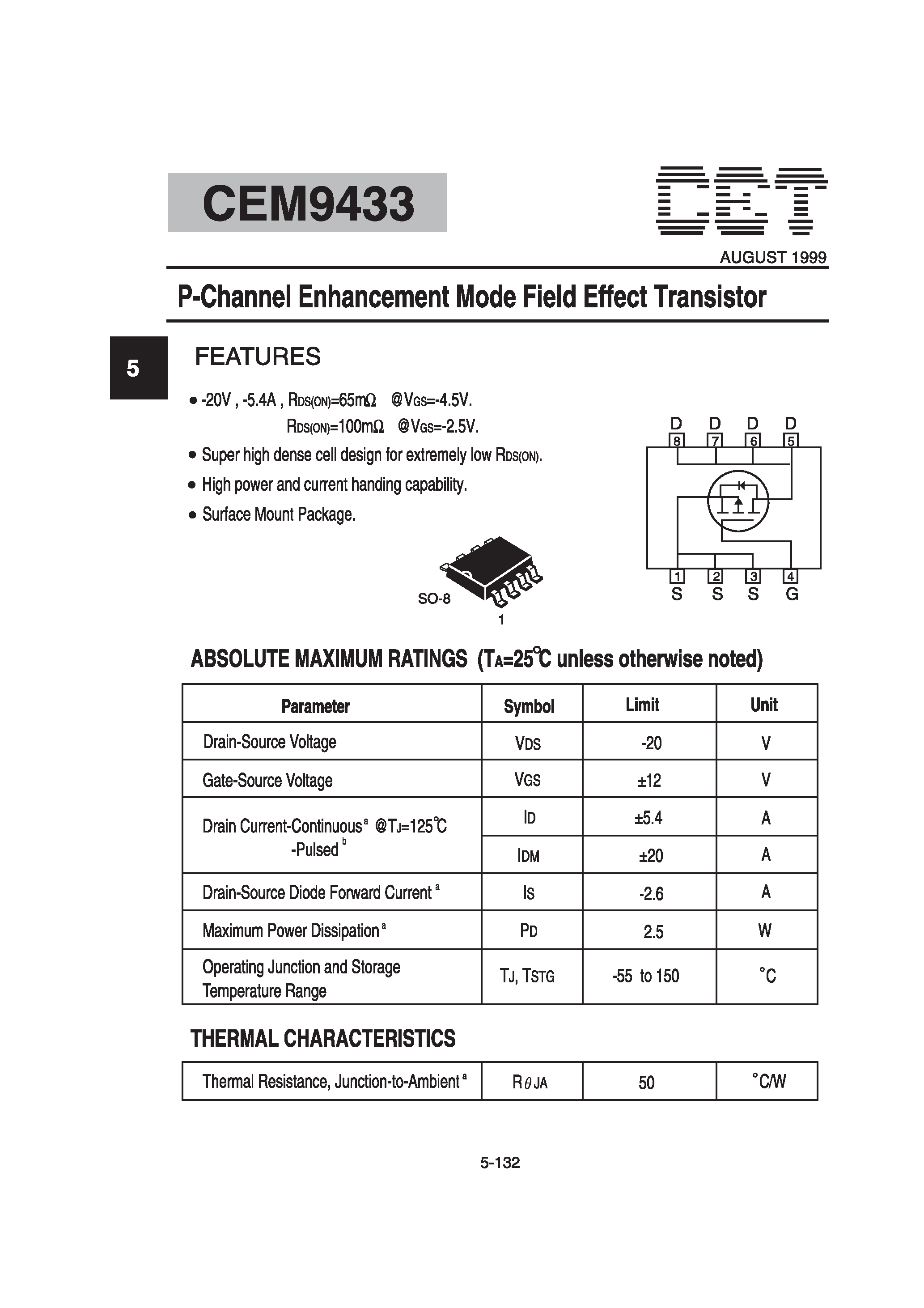 Datasheet CEM9433 - P-Channel Enhancement Mode Field Effect Transistor page 1