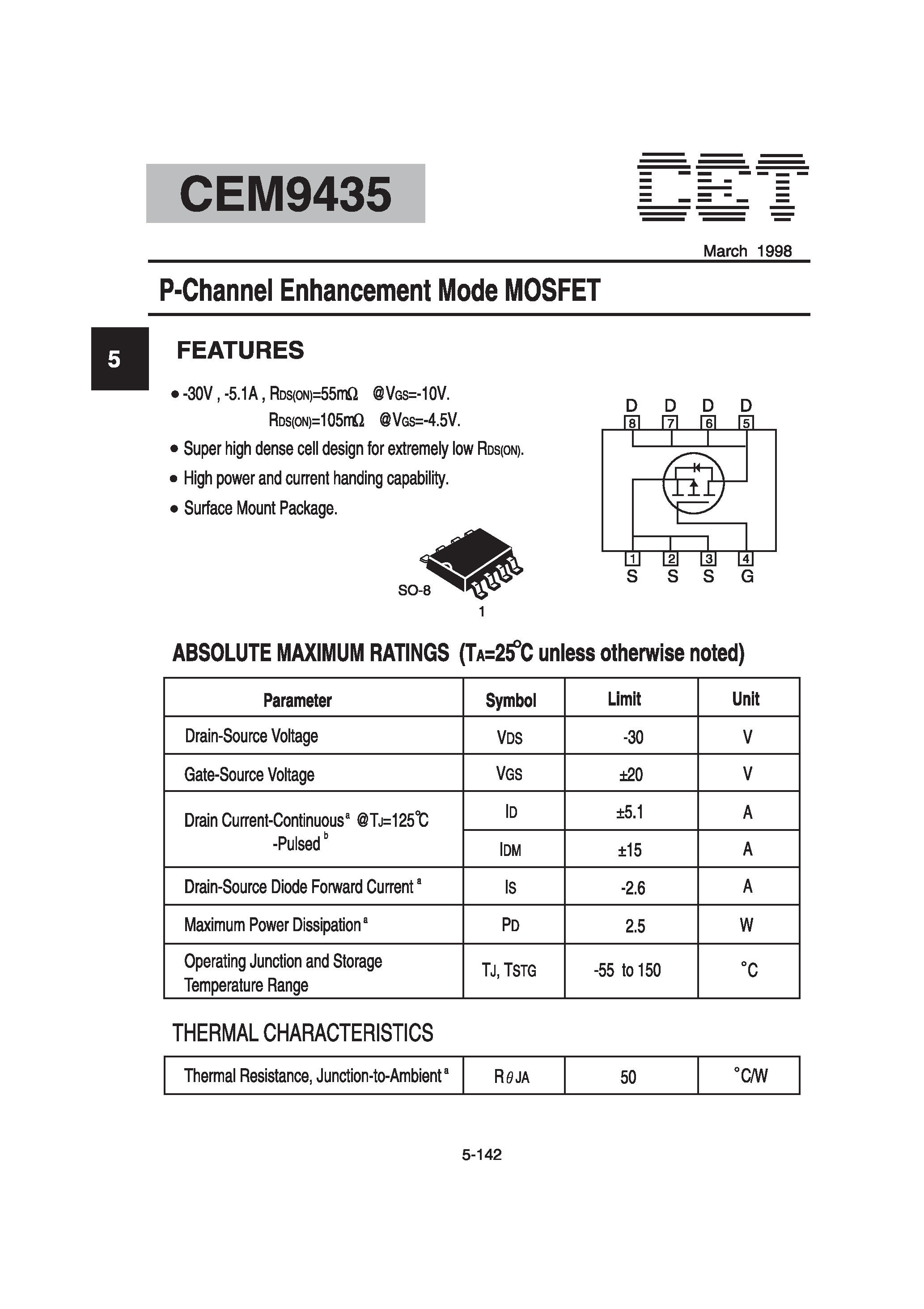 Datasheet CEM9435 - P-Channel Enhancement Mode MOSFET page 1