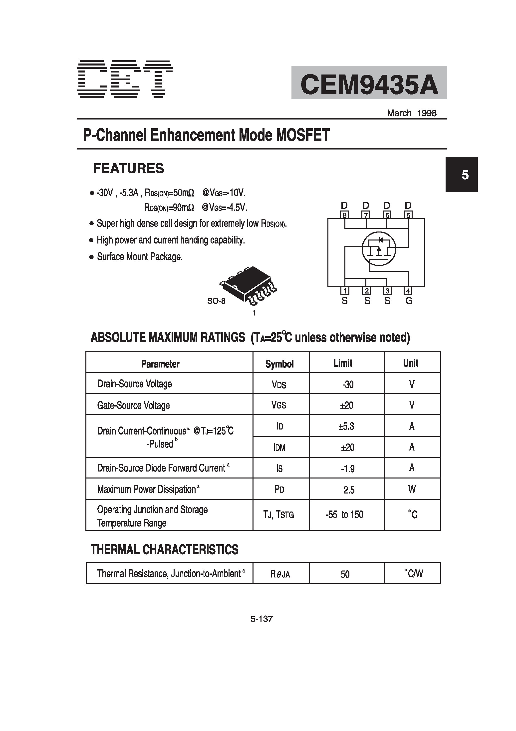 Datasheet CEM9435A - P-Channel Enhancement Mode MOSFET page 1