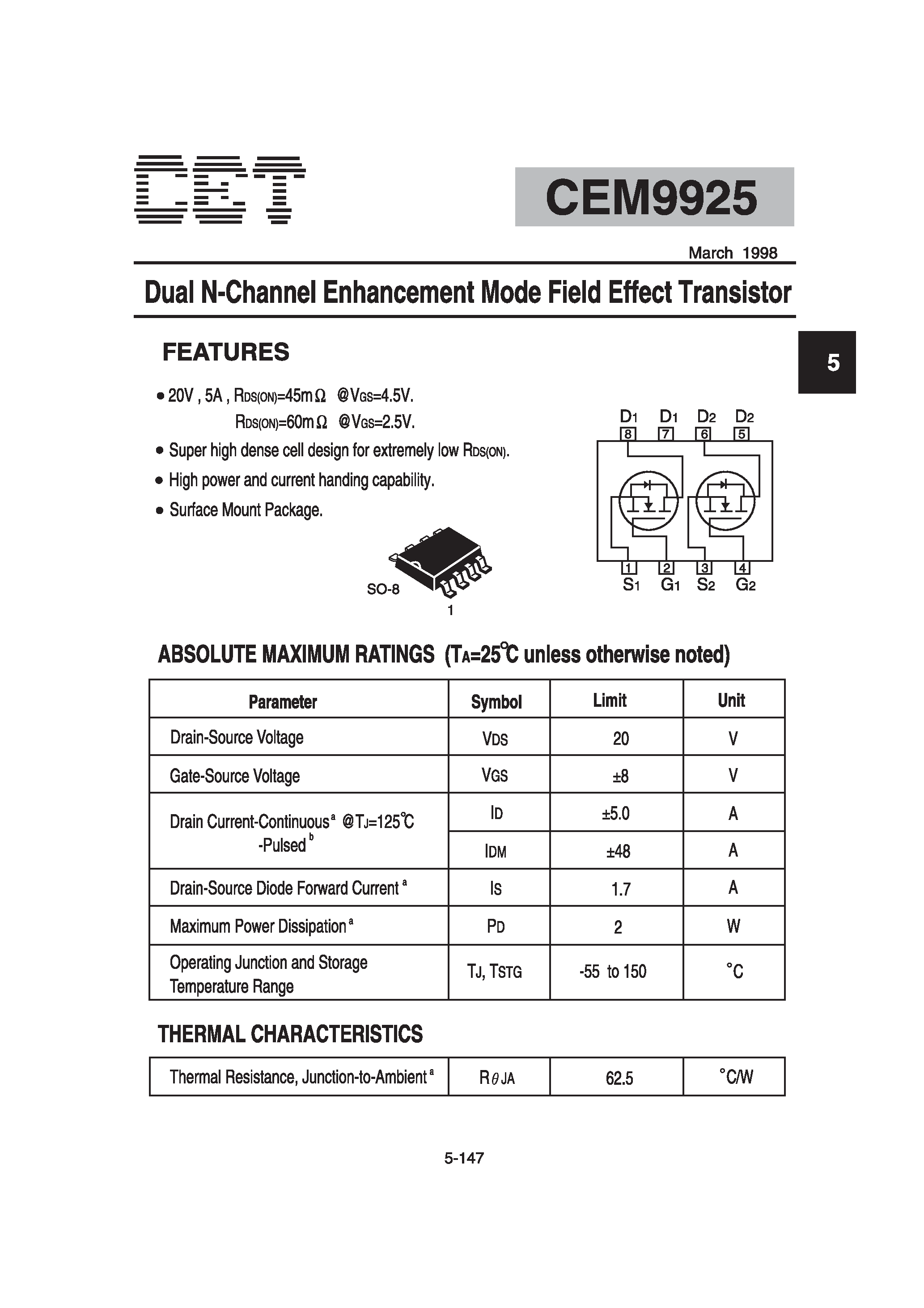 Datasheet CEM9925 - Dual N-Channel Enhancement Mode Field Effect Transistor page 1