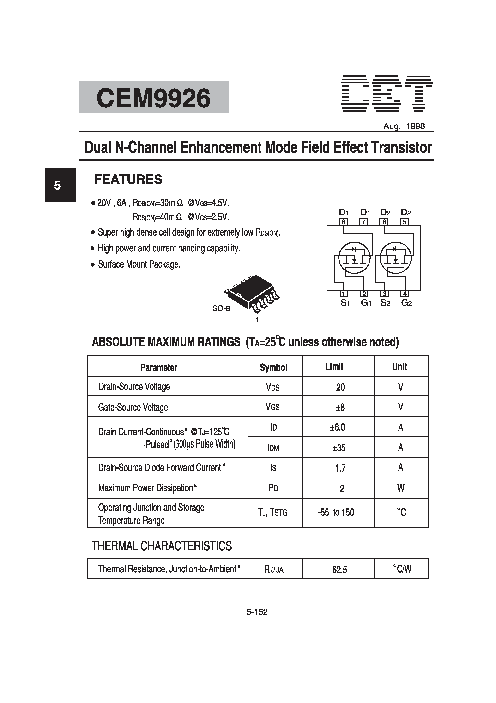 Datasheet CEM9926 - Dual N-Channel Enhancement Mode Field Effect Transistor page 1