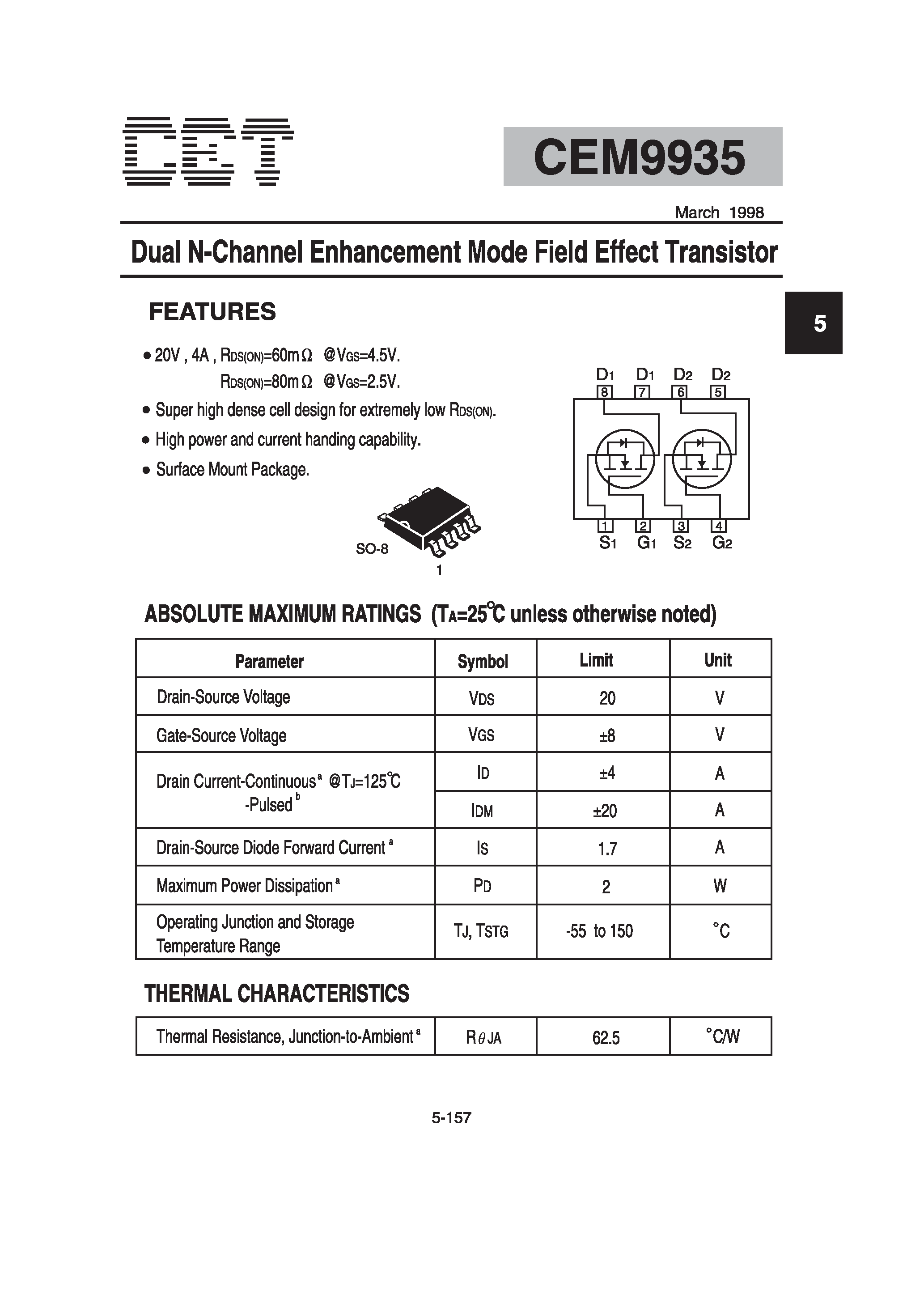 Datasheet CEM9935 - Dual N-Channel Enhancement Mode Field Effect Transistor page 1