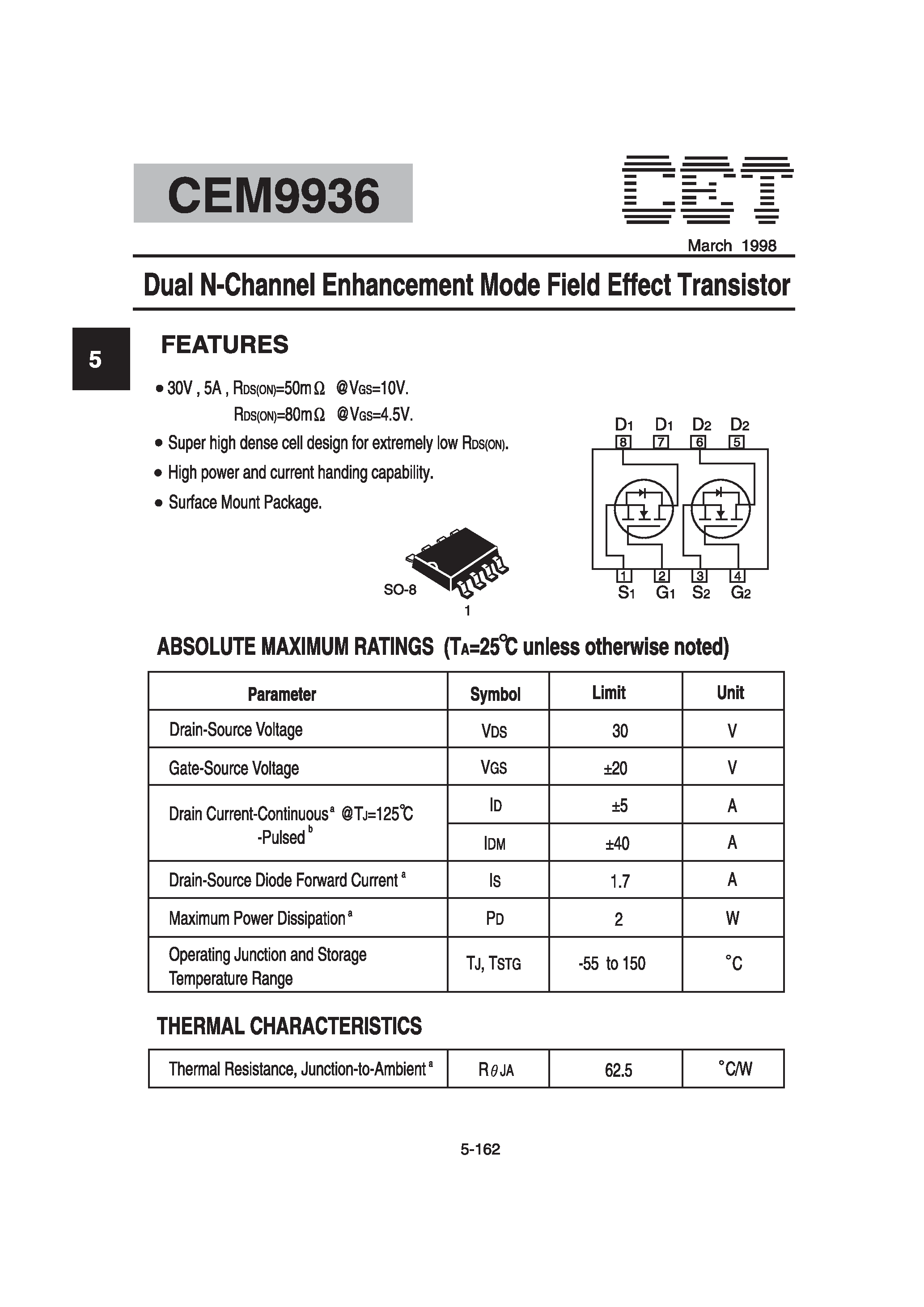 Datasheet CEM9936 - Dual N-Channel Enhancement Mode Field Effect Transistor page 1