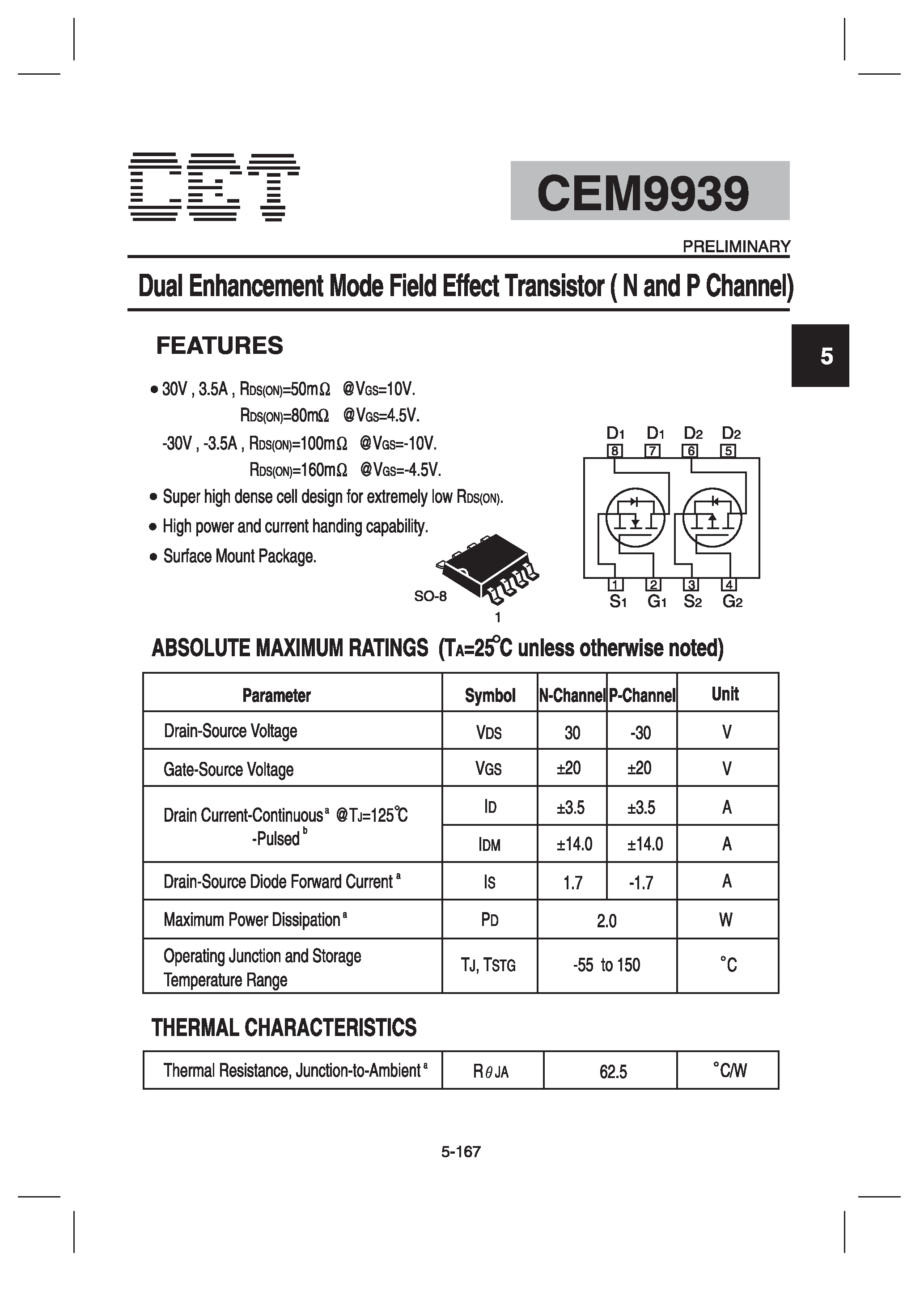 Datasheet CEM9939 - Dual Enhancement Mode Field Effect Transistor(N and P Channel) page 1