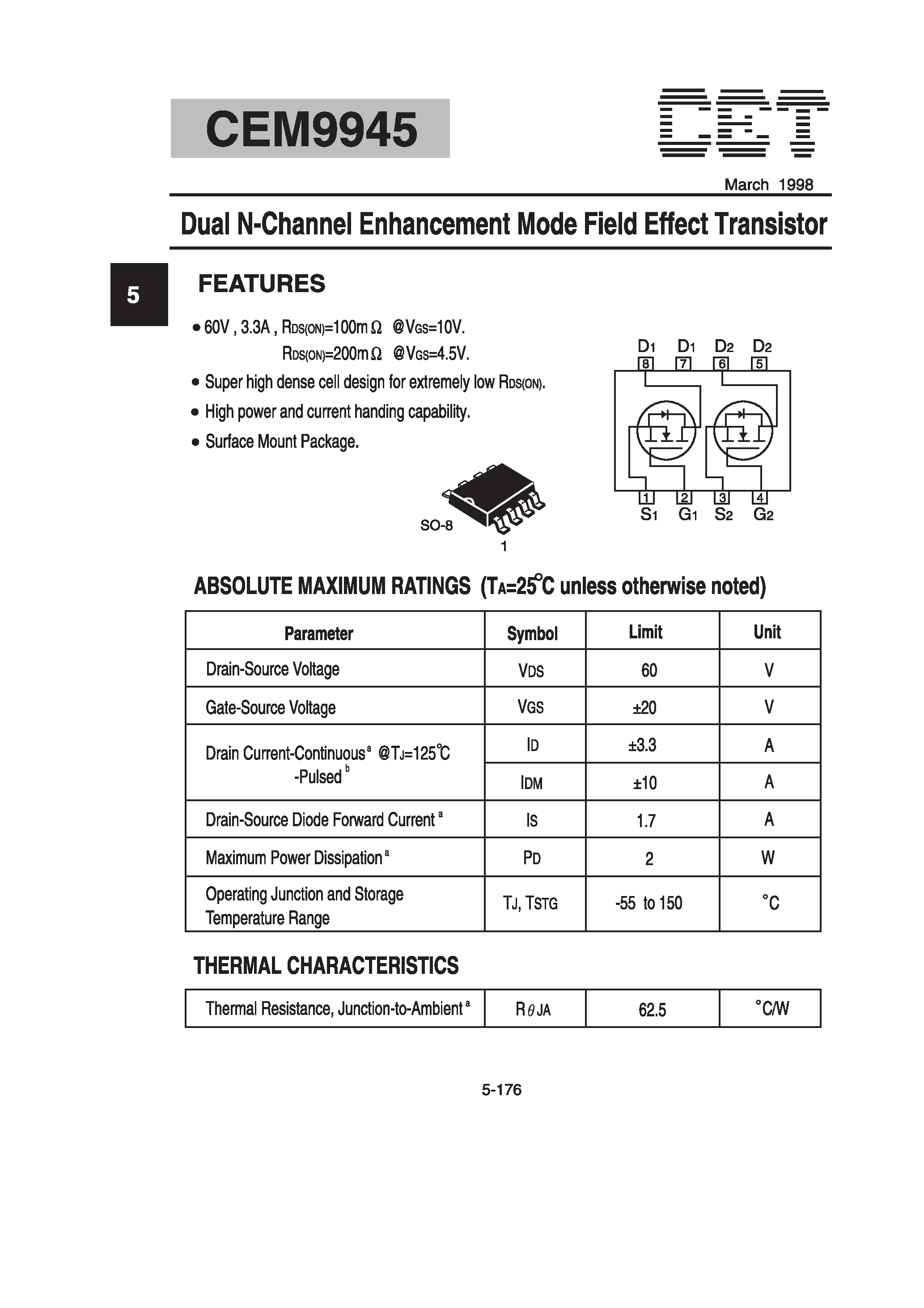Datasheet CEM9945 - Dual N-Channel Enhancement Mode Field Effect Transistor page 1