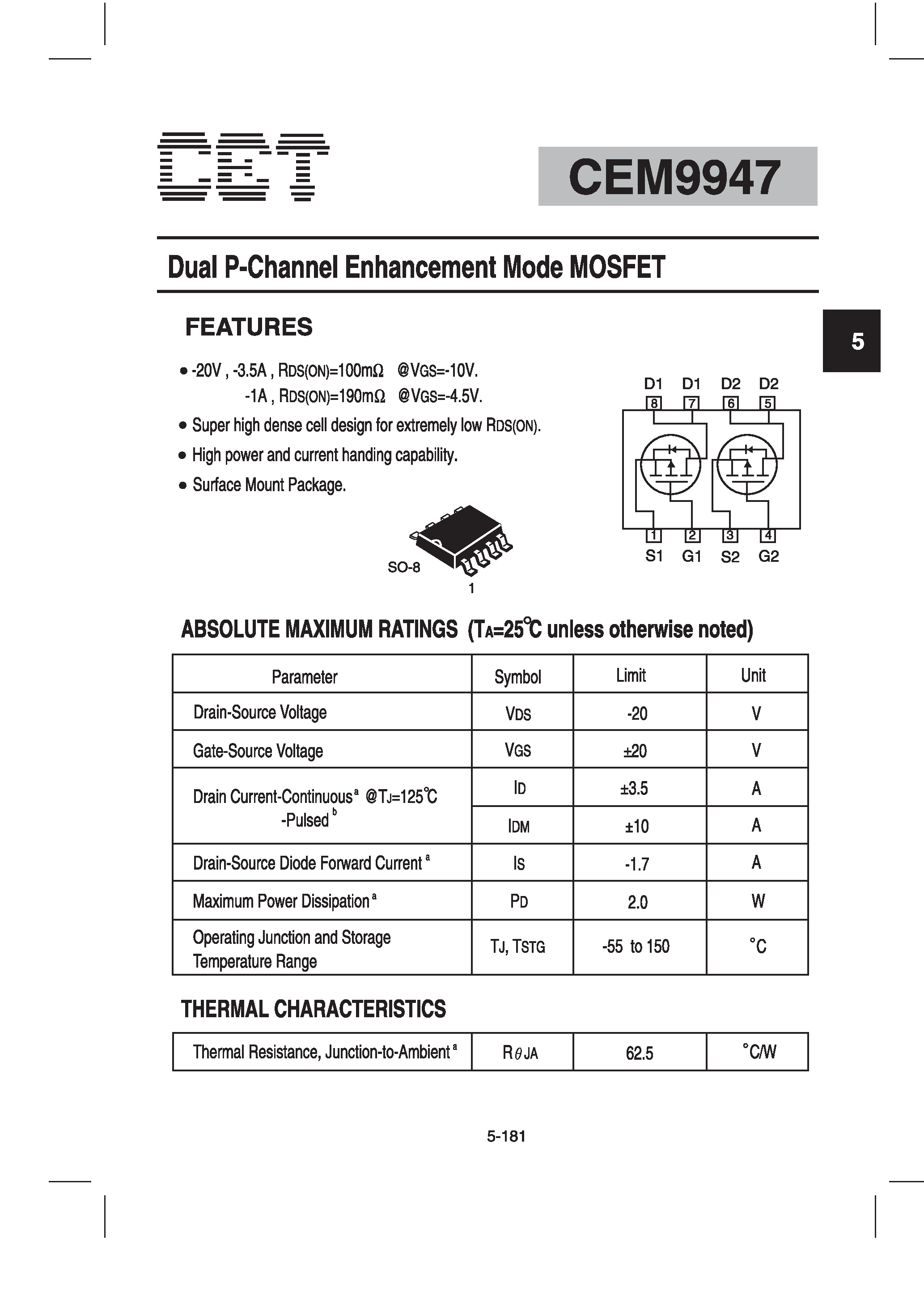 Datasheet CEM9947 - Dual P-Channel Enhancement Mode MOSFET page 1