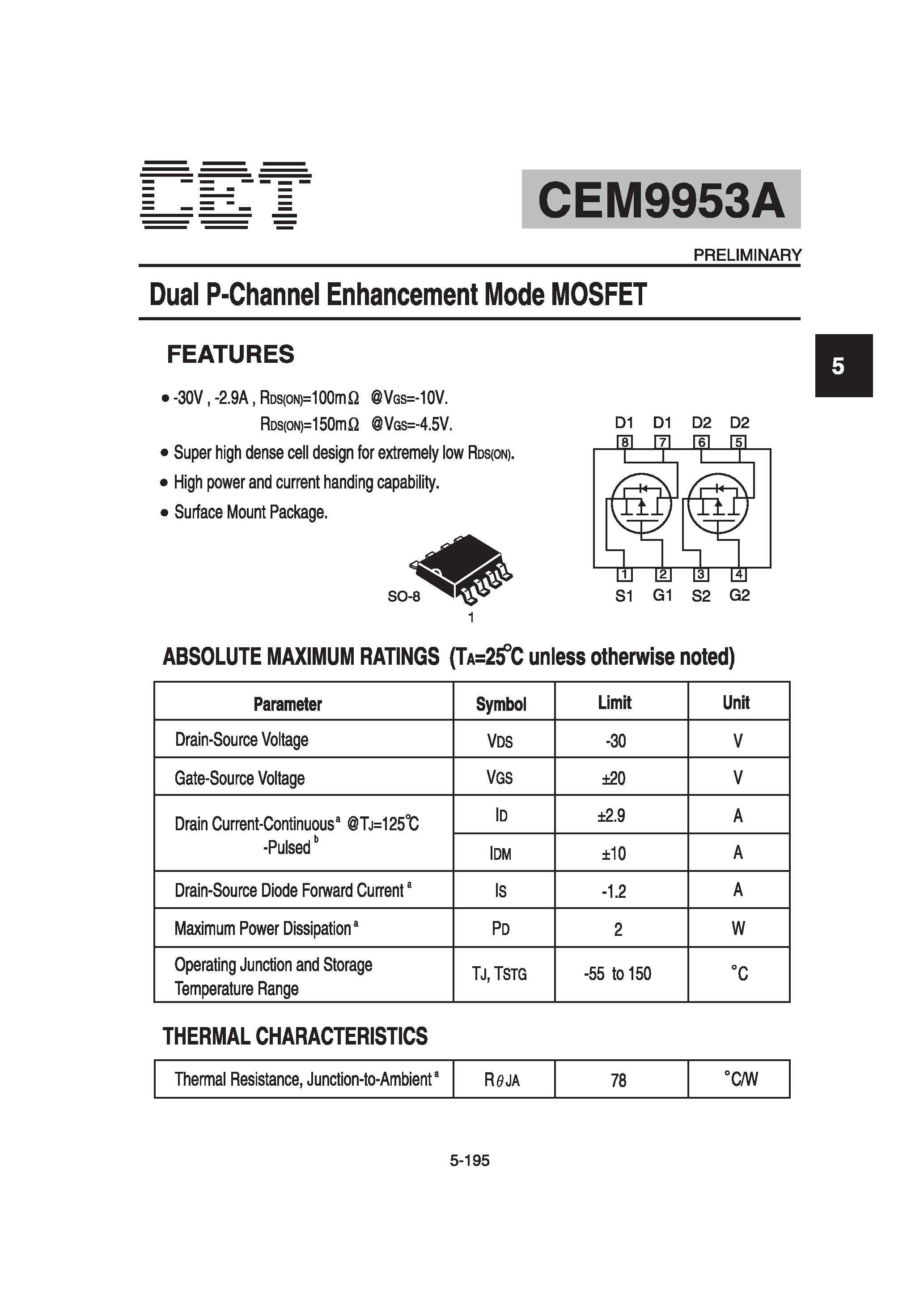 Datasheet CEM9953A - Dual P-Channel Enhancement Mode MOSFET page 1