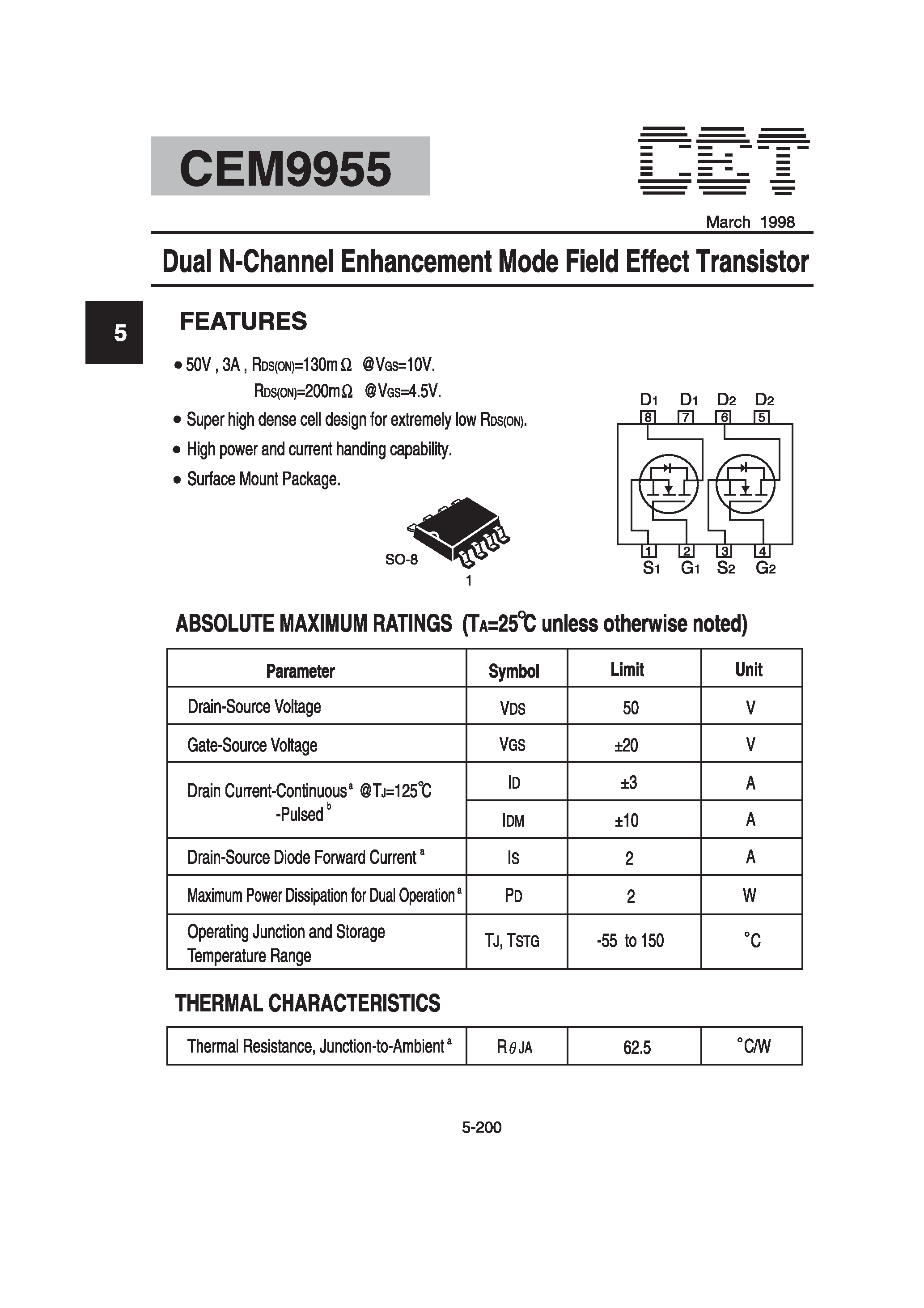 Datasheet CEM9955 - Dual N-Channel Enhancement Mode Field Effect Transistor page 1