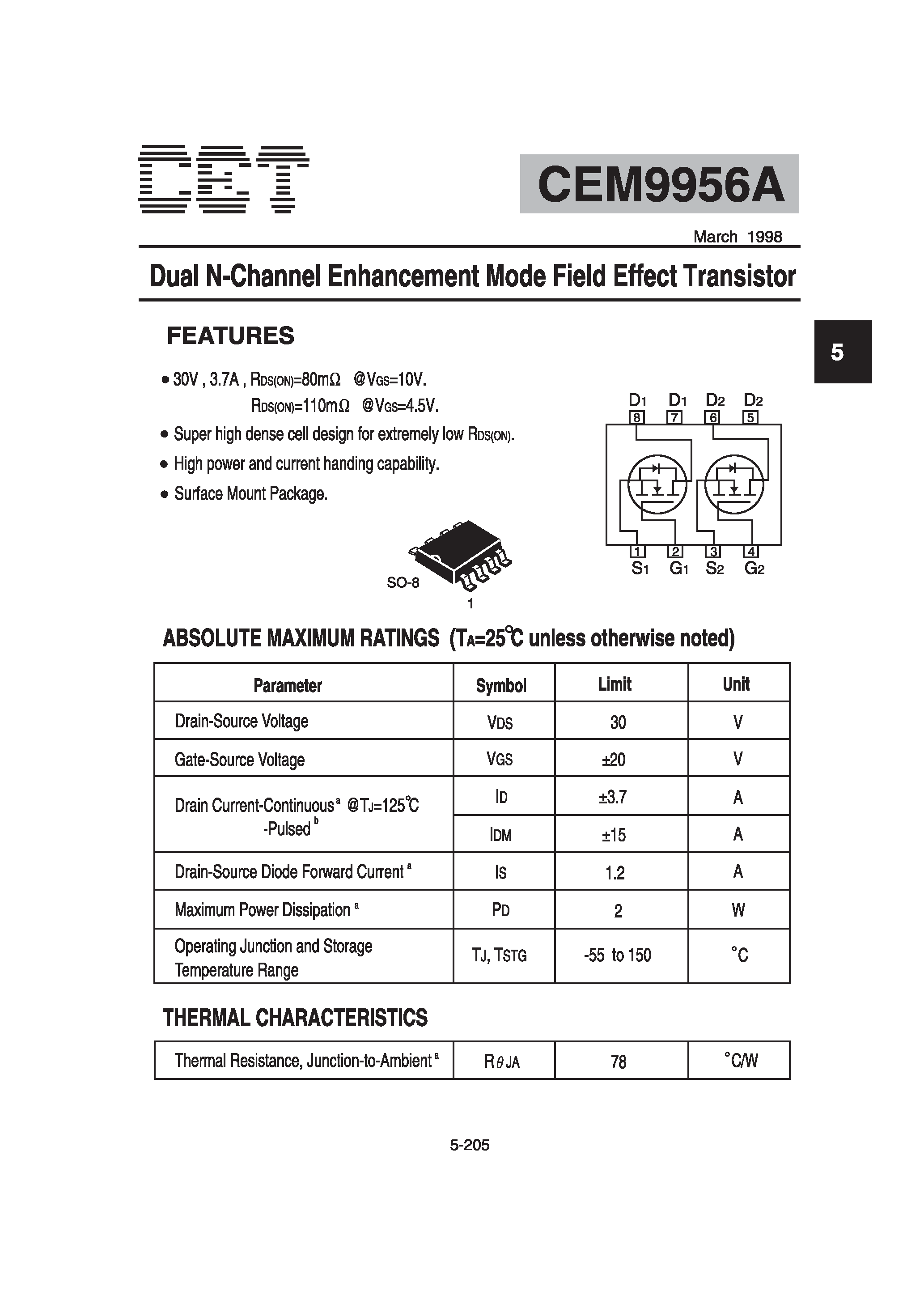 Datasheet CEM9956A - Dual N-Channel Enhancement Mode Field Effect Transistor page 1
