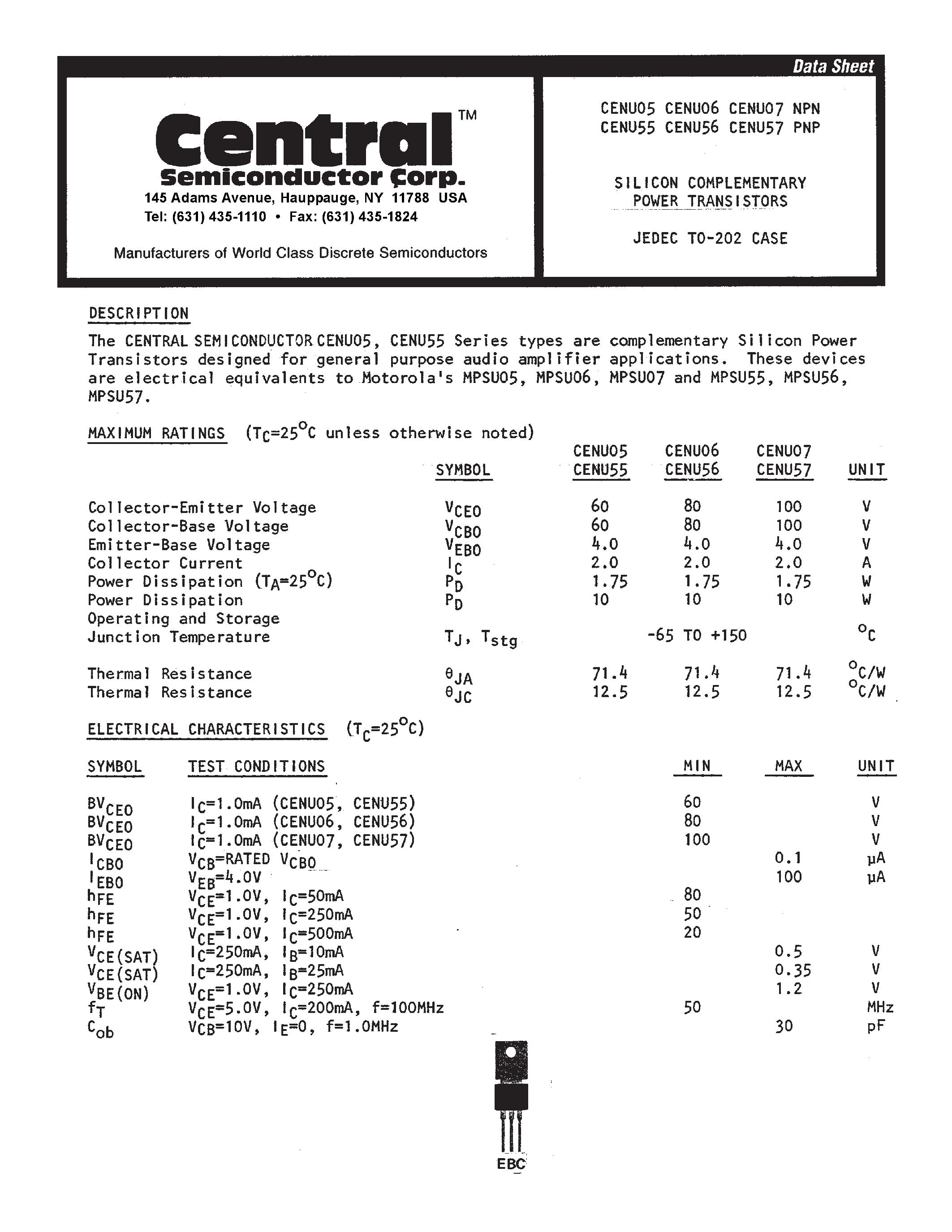 Даташит CENU06 - SILICON COMPLEMENTARY POWER TRANSISTORS страница 1