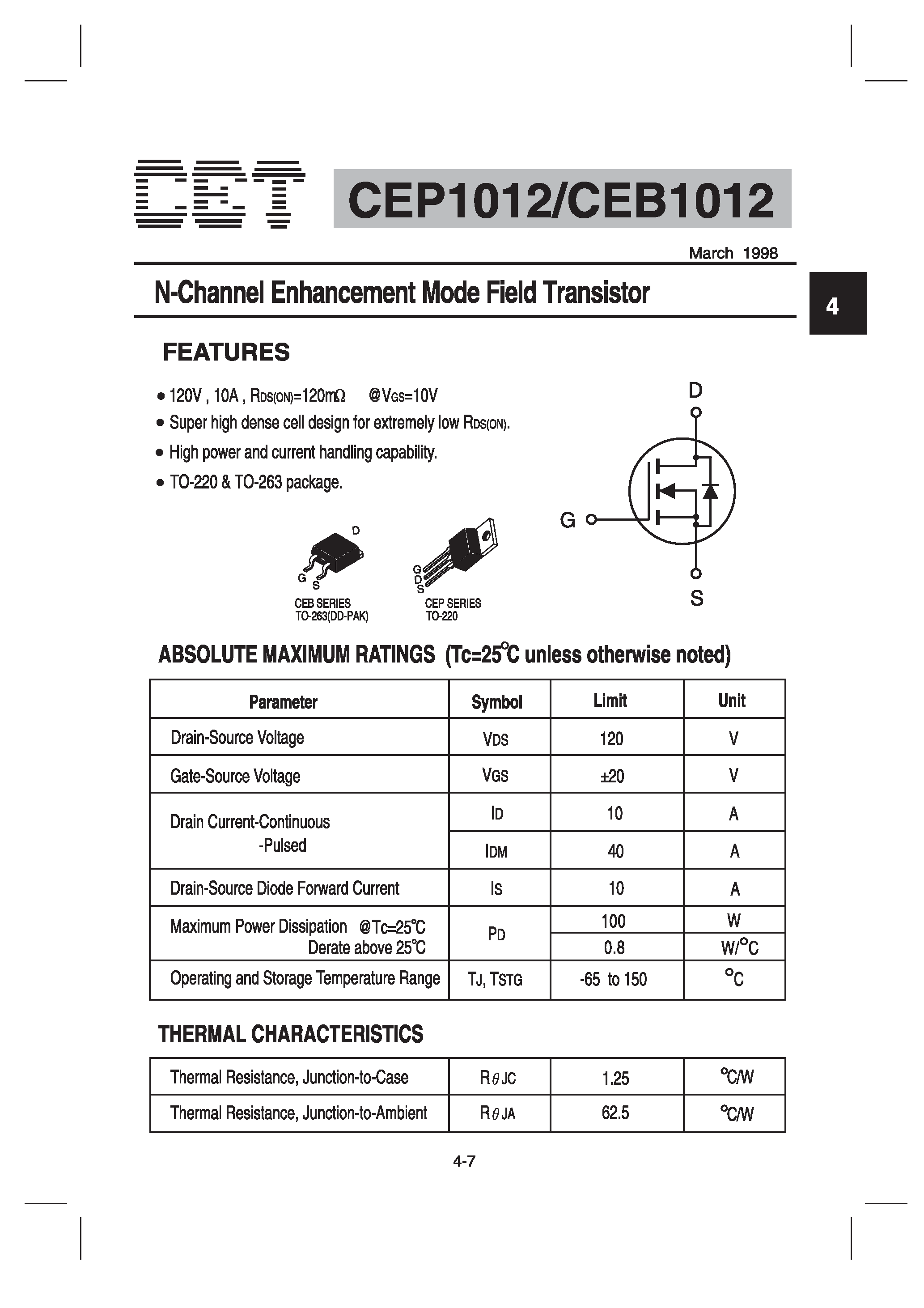 Datasheet CEP1012 - N-Channel Enhancement Mode Field Transistor page 1