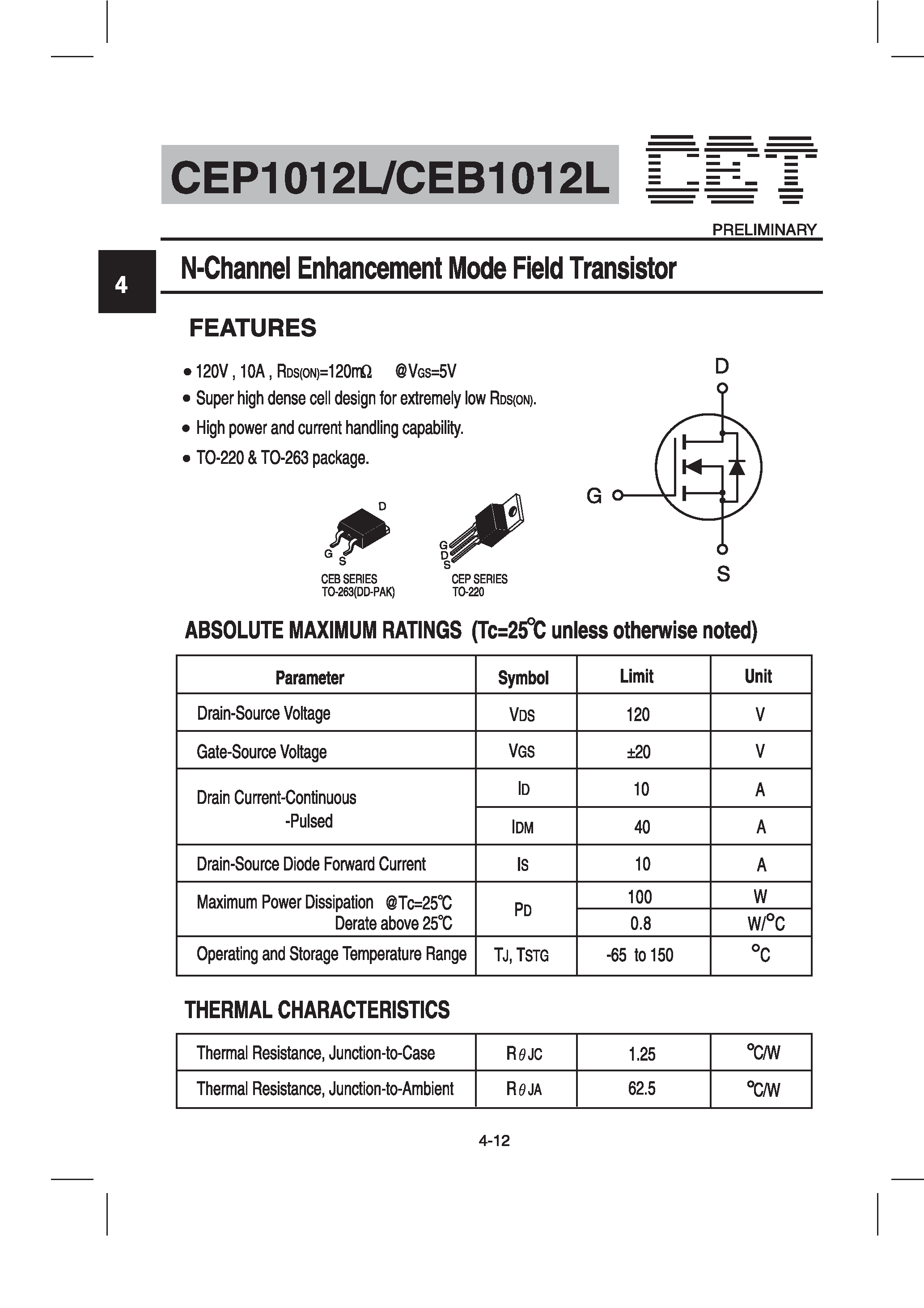 Datasheet CEP1012L - N-Channel Enhancement Mode Field Transistor page 1