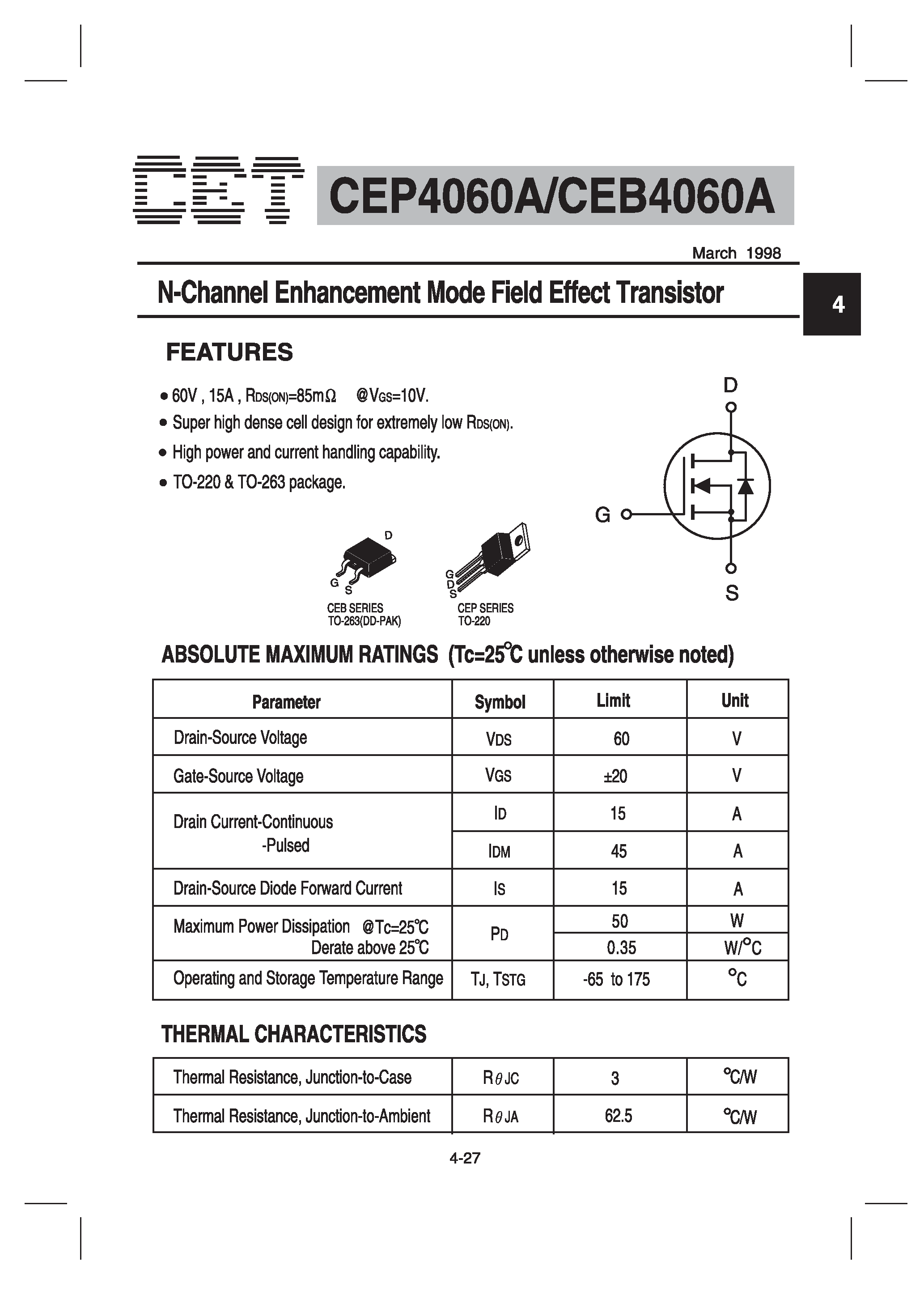 Datasheet CEP4060A - N-Channel Enhancement Mode Field Effect Transistor page 1